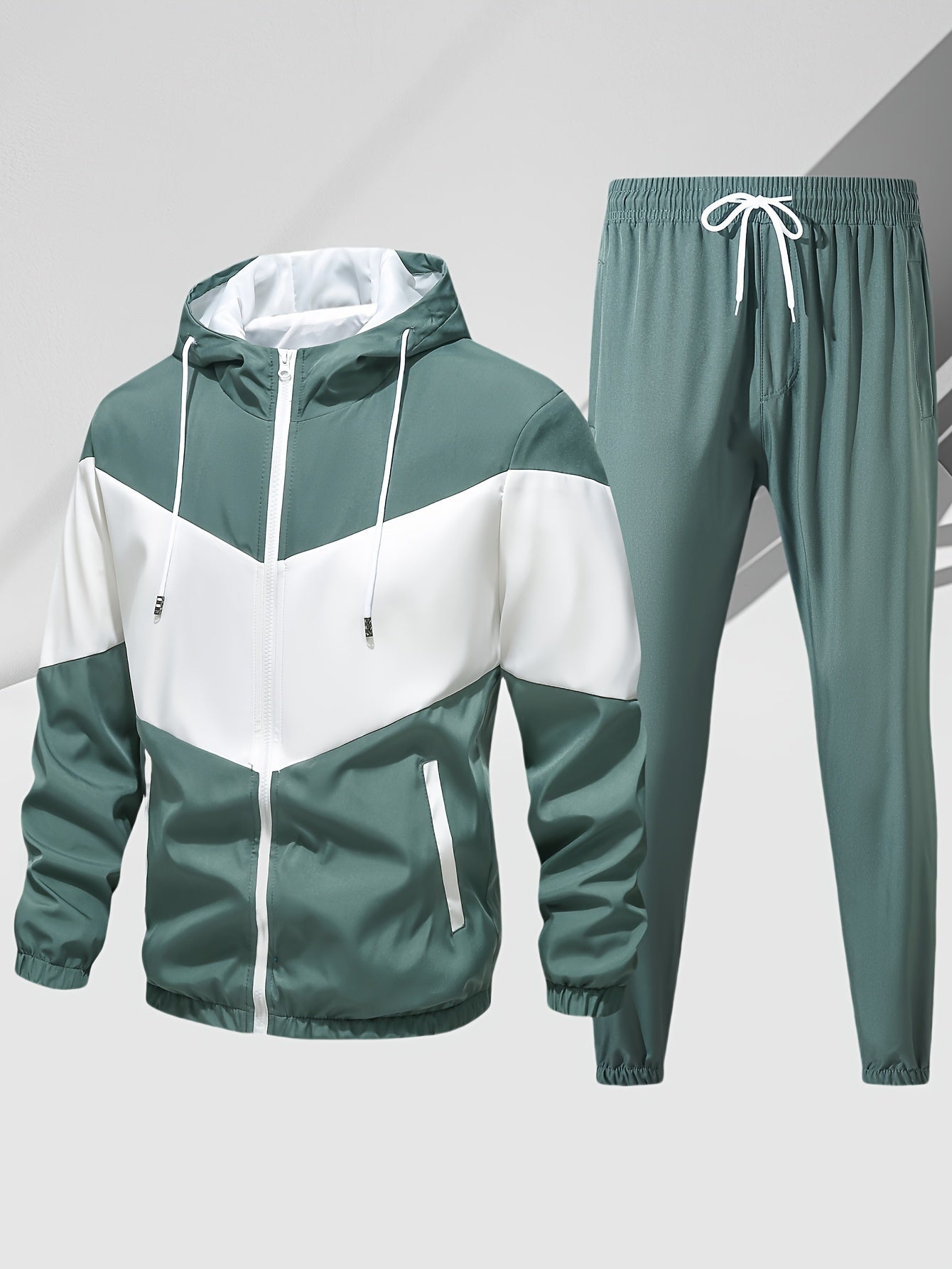 Men's Casual 2-Piece Outfit, Stylish Color Block Zip Up Hooded Jacket, Breathable Solid Color Drawstring Pants