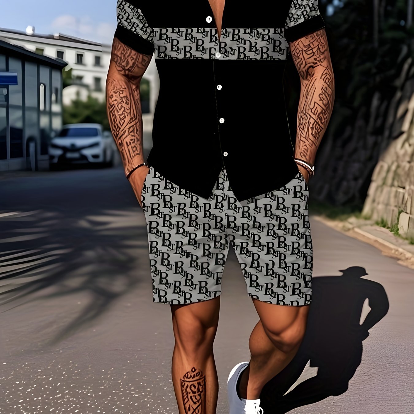 Men'S Casual Tropical Letter Print Pajama Set - Short Sleeve Shirt with Button- Collar & Shorts with Pockets, Comfortable Non-Stretch Fabric, All-Season Home Wear, Relaxed Fit, Home Comfort Clothing | Relaxed Fit Shorts | But