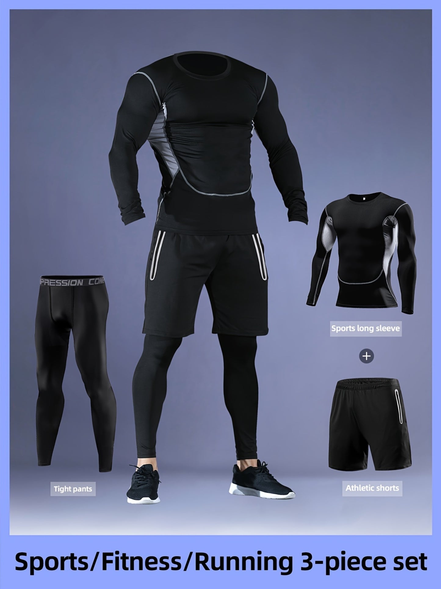 Men'S 3pcs Athletic Set, Breathable Mesh Long Sleeve Top, Skinny Fit Polyester & Spandex, Crew Neck, Solid Color, High Stretch, for Running, Basketball, Hiking, Training - Fall/Winter Sports Outfit