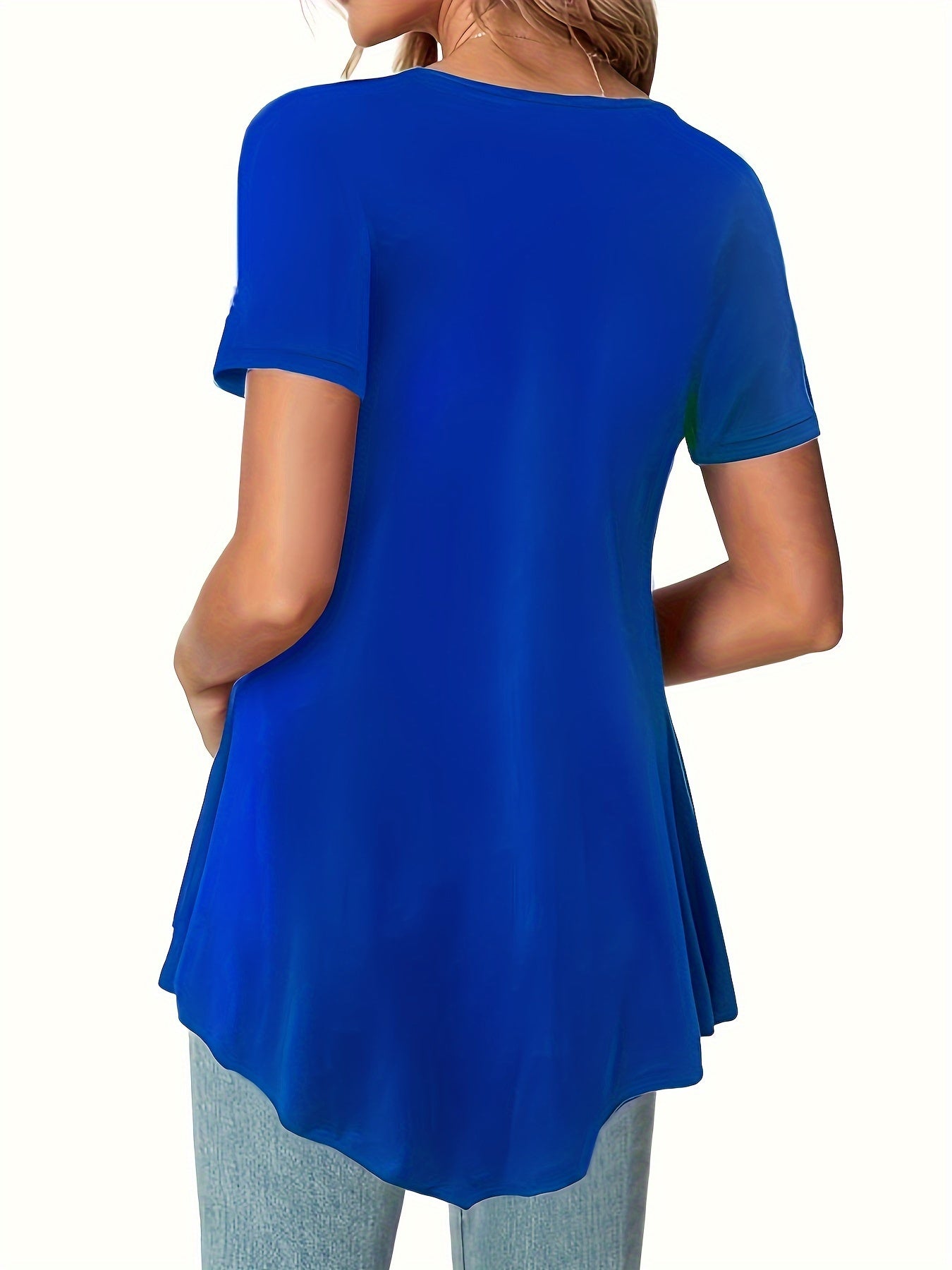 Asymmetrical Hem Crew Neck T-shirt, Short Sleeve Casual Top For Summer & Spring, Women's Clothing
