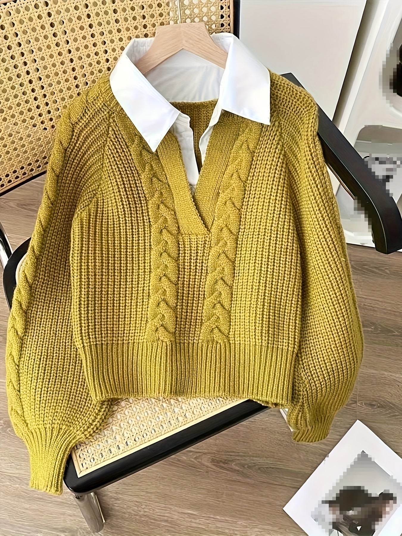 2 In 1 Contrast Color Collared Sweater, Chic Cable Knit Long Sleeve Polo Sweater For Fall & Winter, Women's Clothing
