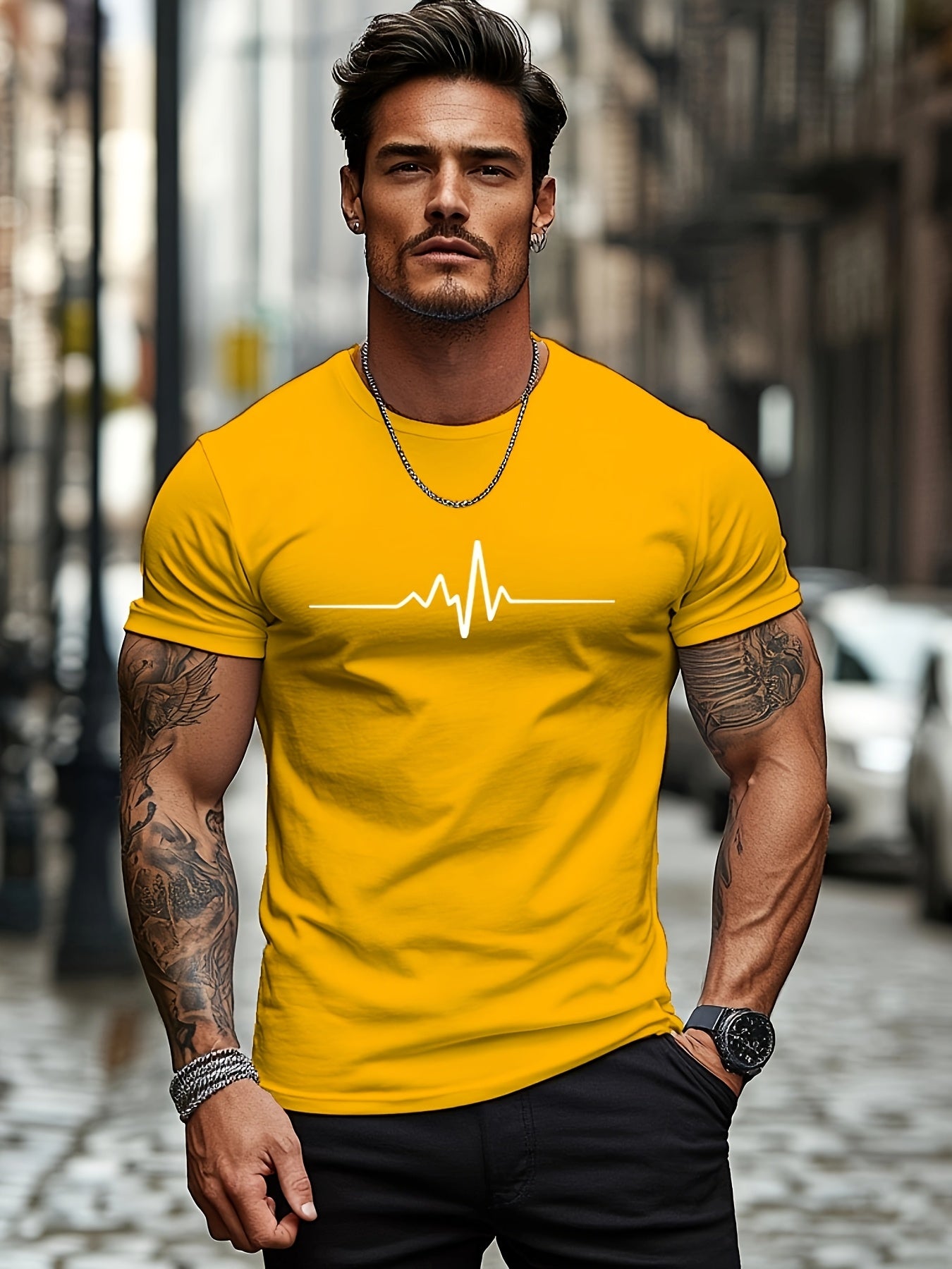 Men'S Brown T-Shirt with ECG Heartbeat Graphic - Casual Streetwear, Short Sleeve, Round Neck, Stretch Fabric, All-Season Comfort, Casual Streetwear Tee | Round Neck Tshirt | Comfortable Fit