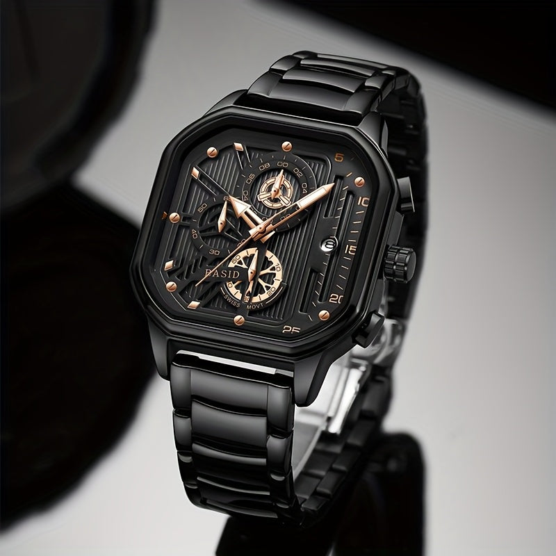 BASID Men's Elegant Square Analog Quartz Watch with Date Display & Stopwatch - Stainless Steel Strap, Black Dial - Casual & Dress Watch for Men, Unique Gift Idea, Versatile Wristwatch, Sleek Watch Design, Polished Finish