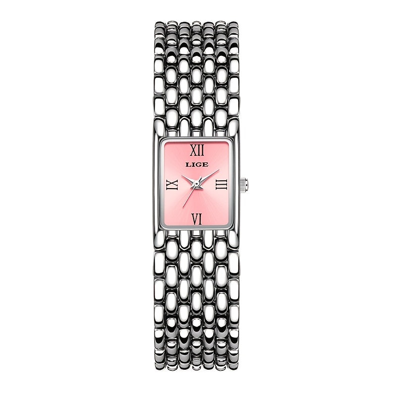 LIGE Women'S Luxury Quartz Watch - Stainless Steel Band, Blue Dial with Roman Numerals, Elegant Fashion Timepiece for Casual or Sporty Wear, Elegant Timepiece | Sleek Watch Design | Alloy Watch Case