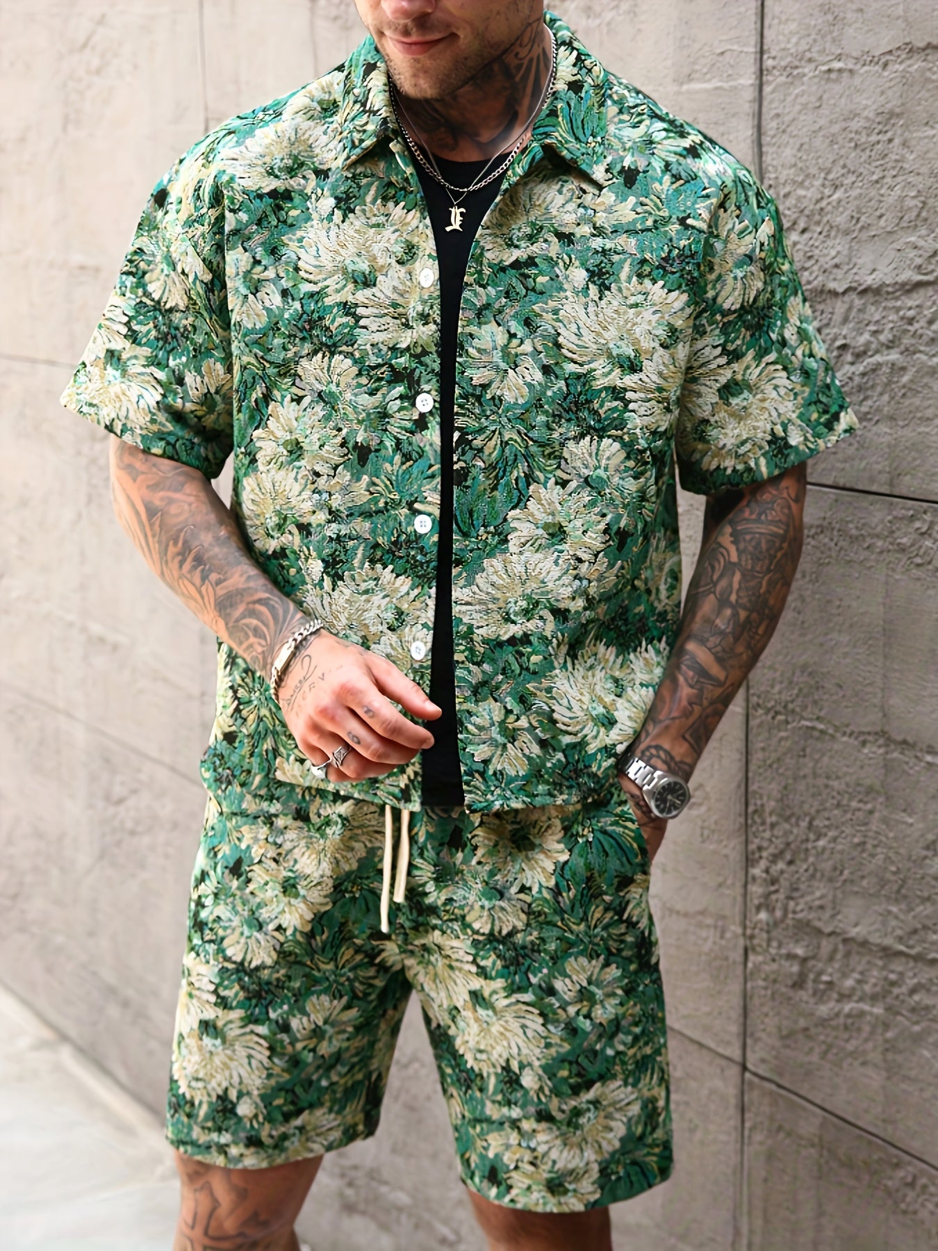 Men'S Summer Casual Short Sleeve Shirt & Shorts Set - Tropical Print, Loose Fit, Button-Up with Collar, Lightweight Polyester Fabric for Outdoor & Leisure Activities, Summer Casual Wear | Tropical Print Shirt | Lightweight Fa