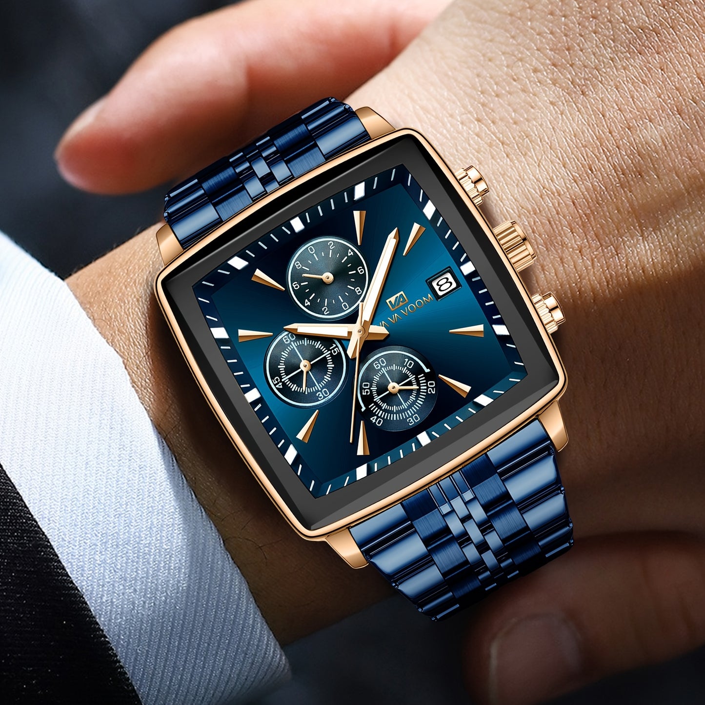 VA VA VOOM Brand New Arrival 1pc Fashionable Golden & Blue & Silveryy & Black Stainless Steel Strap, Oversized Square Dial, Multifunctional Six Needle Three Eyes, with Calendar Window, Luminous Function, High-Quality Fashiona