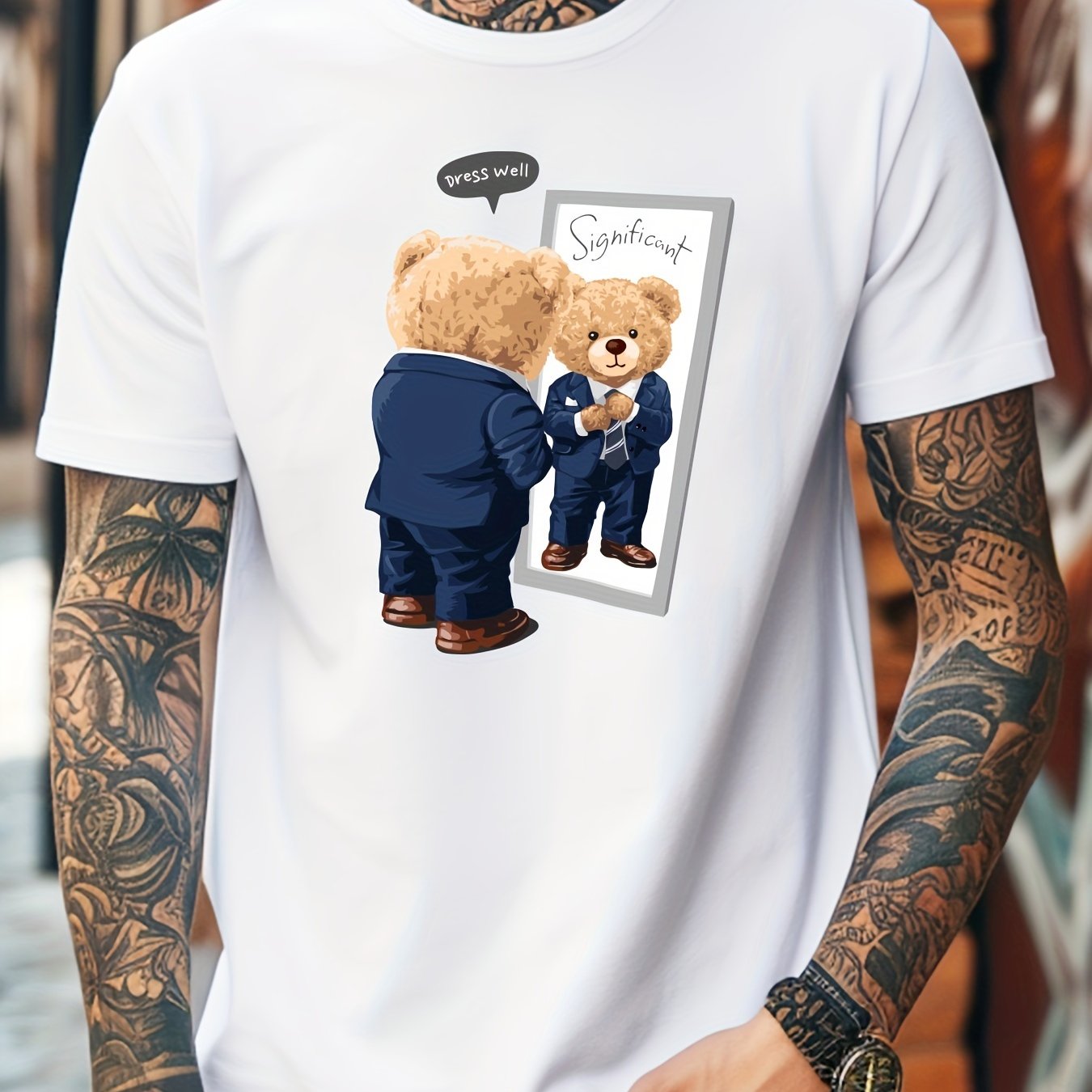 Men's Casual Short-Sleeve T-Shirt with Cool Bear Print - Breathable Polyester Blend, Stretch Fit, Machine Washable - Perfect for Summer, Men's Fashion, Sport