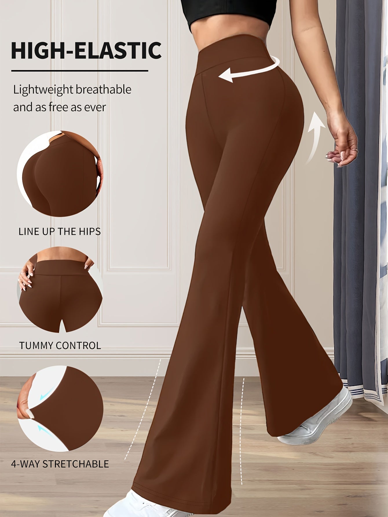 High-Waisted Flared Leggings for Women - Stretchy Black Polyester Pants with Tummy Control, Slimming Fit, and Breathable Design for Spring/Summer/Fall Casual Wear, Spring Summer Leggings | Fitted Leggings | Elastic Waistband
