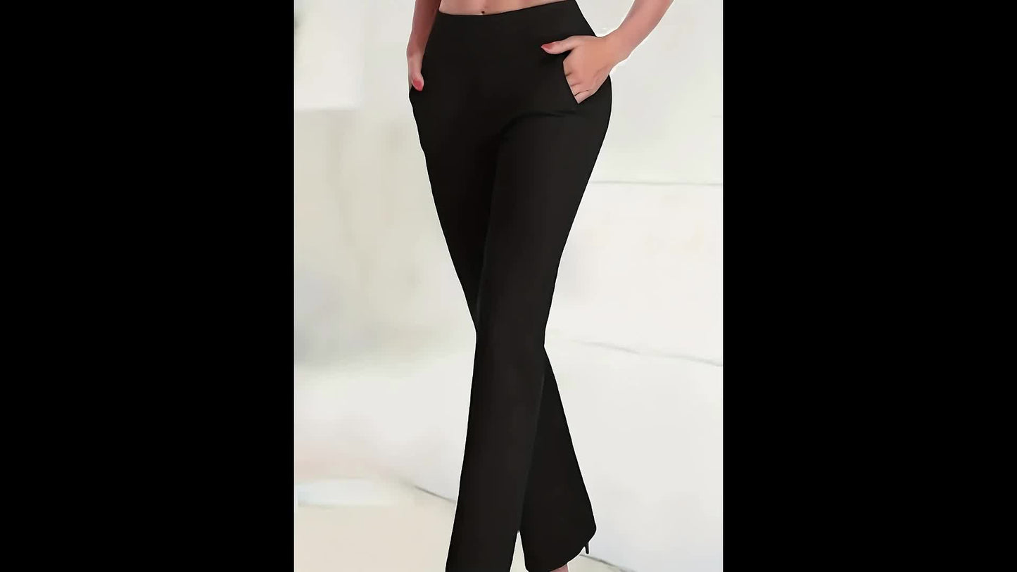 Women'S Solid Color Fashion Pants with Pockets, Elegant Style, Polyester Knit, Straight Leg, All-Season, Adult Size