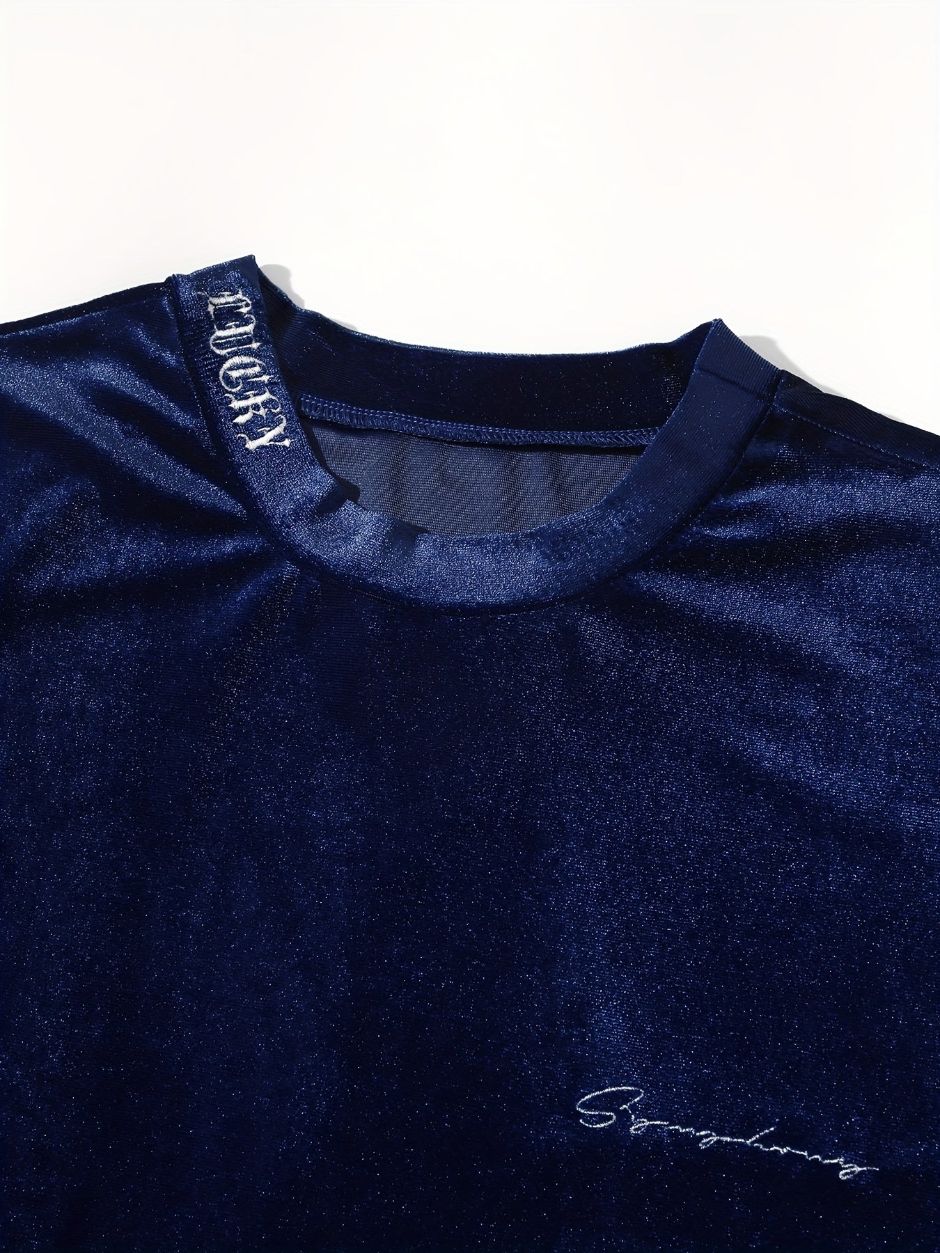 Men'S Fashion Velvet Knit Pullover Set, Contrast Letter Embroidery Top and Solid Color Drawstring Shorts, Simple Casual Outing Commuting Vacation Light Luxury Set, Regular Fit Elastic Knit Two-Piece Set, High-end Sheen Light