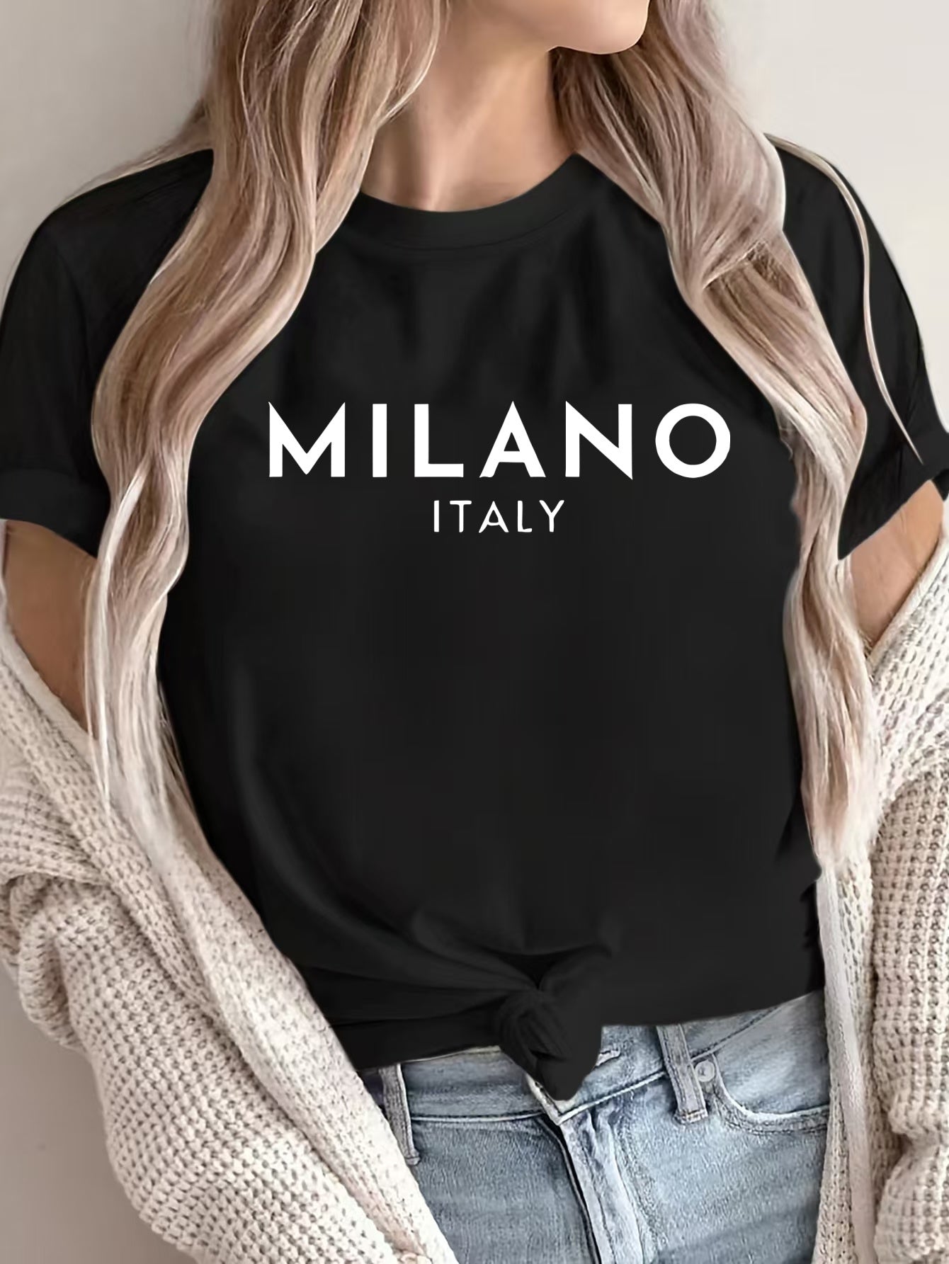 Women'S Casual Polyester T-Shirt with "Milano Italy" Letter Print, Short Sleeve Crew Neck Top, All-Season Knit Fabric Tee, Regular Length - 180gsm