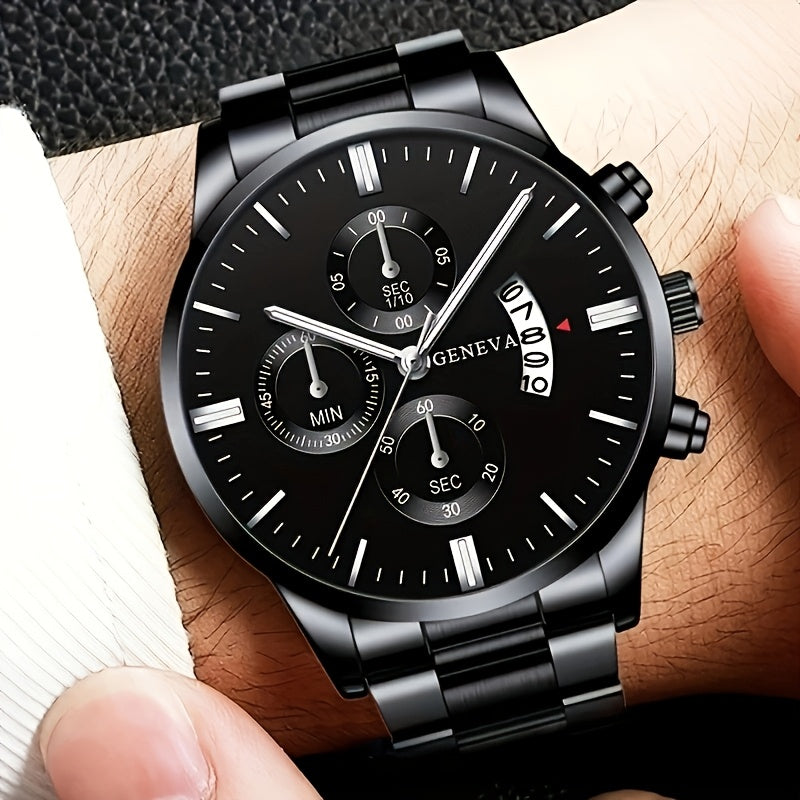 Men'S Business Round Quartz Watch with Calendar Display, Black Stainless Steel Strap, Electronic Movement, Perfect Gift for Valentine'S Day, Easter, Halloween, Ramadan, Birthdays, Christmas