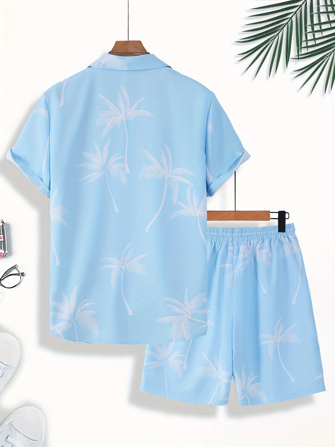Men'S Summer Tropical Palm Tree Print Pajama Set, Polyester 100% Short Sleeve Shirt & Drawstring Waist Shorts, Vacation Style Lapel Collar, Non-Stretch Woven Fabric, Regular Fit - 120gsm
