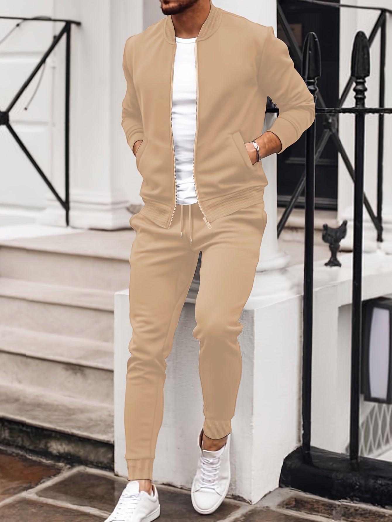 Men'S Casual Polyester Sweatsuit Set with Baseball Collar and Slight Stretch - Solid Color Long Sleeve Knit Fabric Track Suit for Fall/Winter