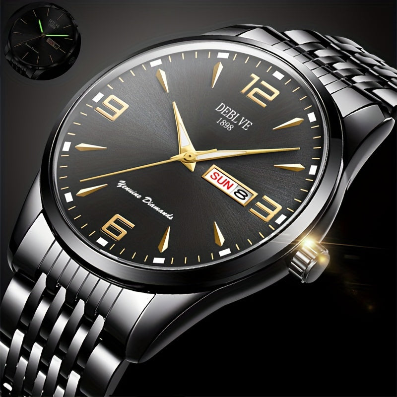 DEBLVE Men's Sleek Business Watch - Ultra-Thin Alloy, Luminous Hands, Calendar & Week Display, Waterproof, Sporty Steel Strap with Secure Clasp