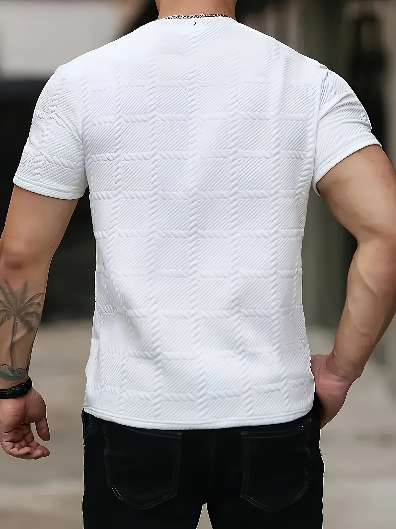 Men'S Casual Jacquard Knit Short-Sleeve T-Shirt - Featuring a Stylish Geometric Pattern, Round Neck, Comfortable for All Seasons, Perfect for Casual Wear.