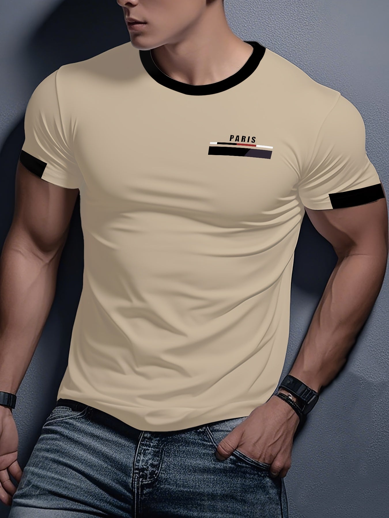 Men'S Paris Graphic T-Shirt - Green Polyester Crew Neck Tee with White Stripes & Print - Casual Sporty Knit Top for Casual Attire, Breathable Fabric