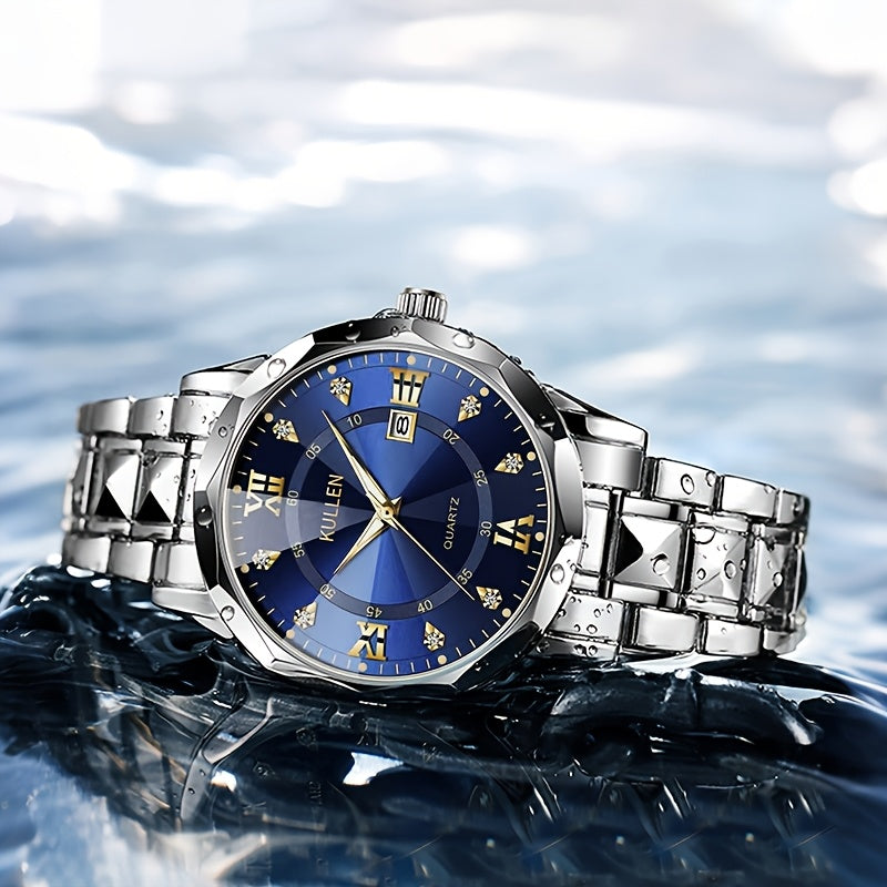 Men'S Business Style Stainless Steel Quartz Watch with Alloy Case, Blue Round Dial & Golden-Tone Accents - Battery-Powered, Non-Rechargeable - Ideal for Valentine'S Day, Thanksgiving, Ramadan Gifts, Business Casual Watch|Slee
