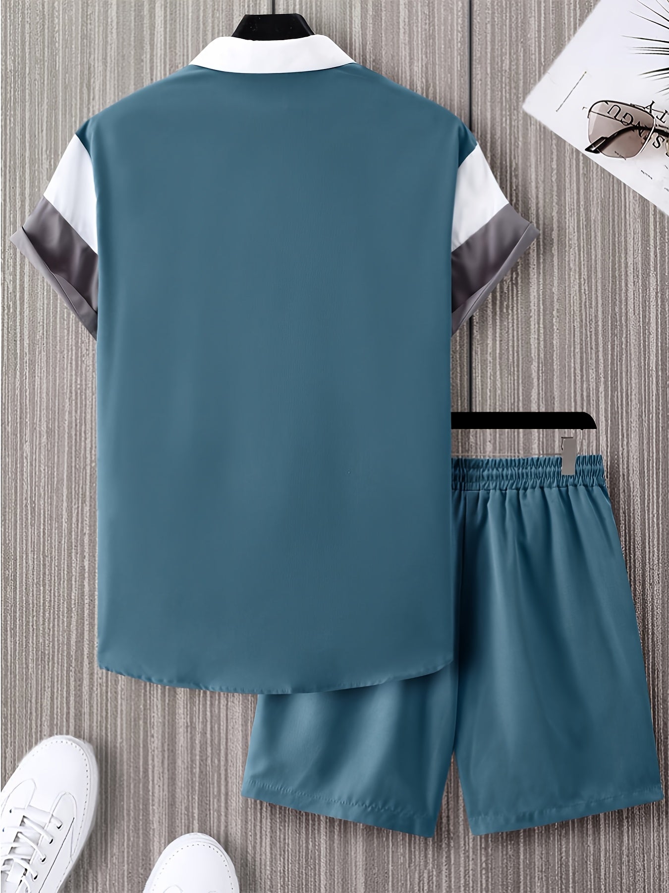 Men'S Letter Color Block Short Sleeve Shirt Shorts Casual Suit 2pcs Set