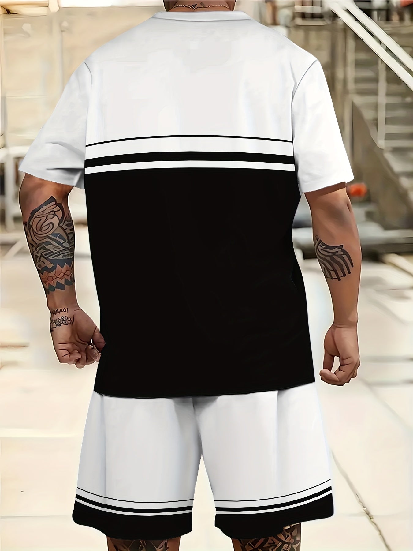 Men'S Casual "Milano Italia" Graphic Tee & Shorts Set - Black & White, Breathable Summer Outfit with Drawstring Waist, Comfortable for Casual Attire, Casual Attire|Italianinspired Design|Stretchy Fabric