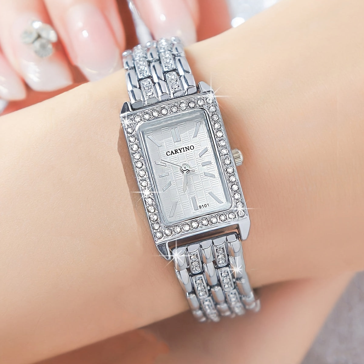 Elegant Cartier-Inspired Zinc Alloy Bracelet Watch with Sparkling Rhinestones - Rectangular Face, Quartz Movement, Non, Perfect for Daily Wear, Parties, Birthdays, and Festive Gifts, Festive Accessory | Elegant Bracelet | Qua