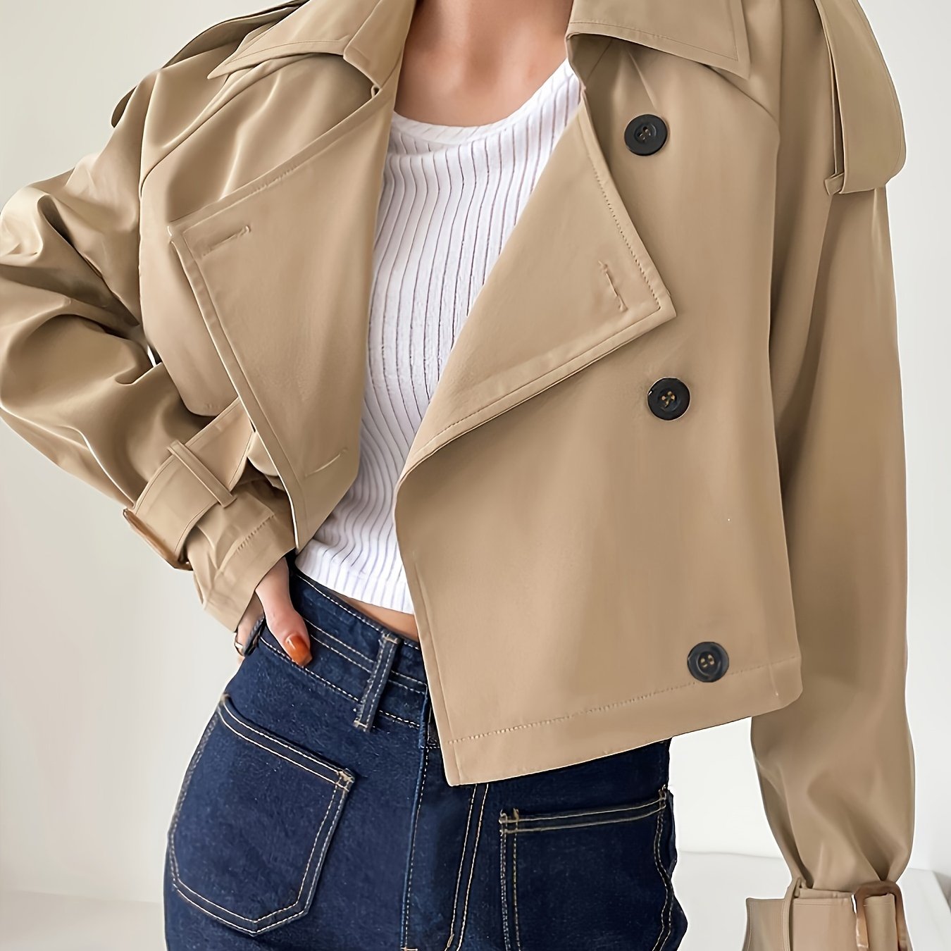 Buckle Cuff Lapel Neck Trench Coat, Stylish Solid Color Crop Long Sleeve Coat For Spring & Fall, Women's Clothing