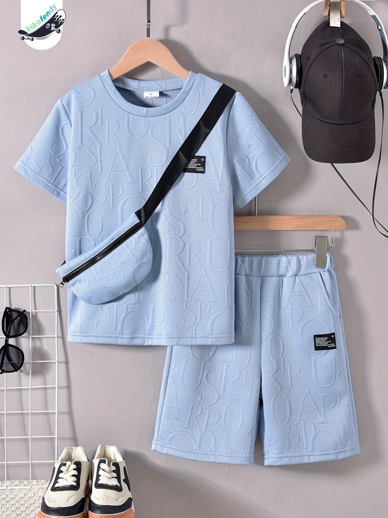 Boys' Stylish White Short Sleeve T-Shirt + Casual Shorts + Fashion Crossbody Bag Set, Perfect for Outdoor