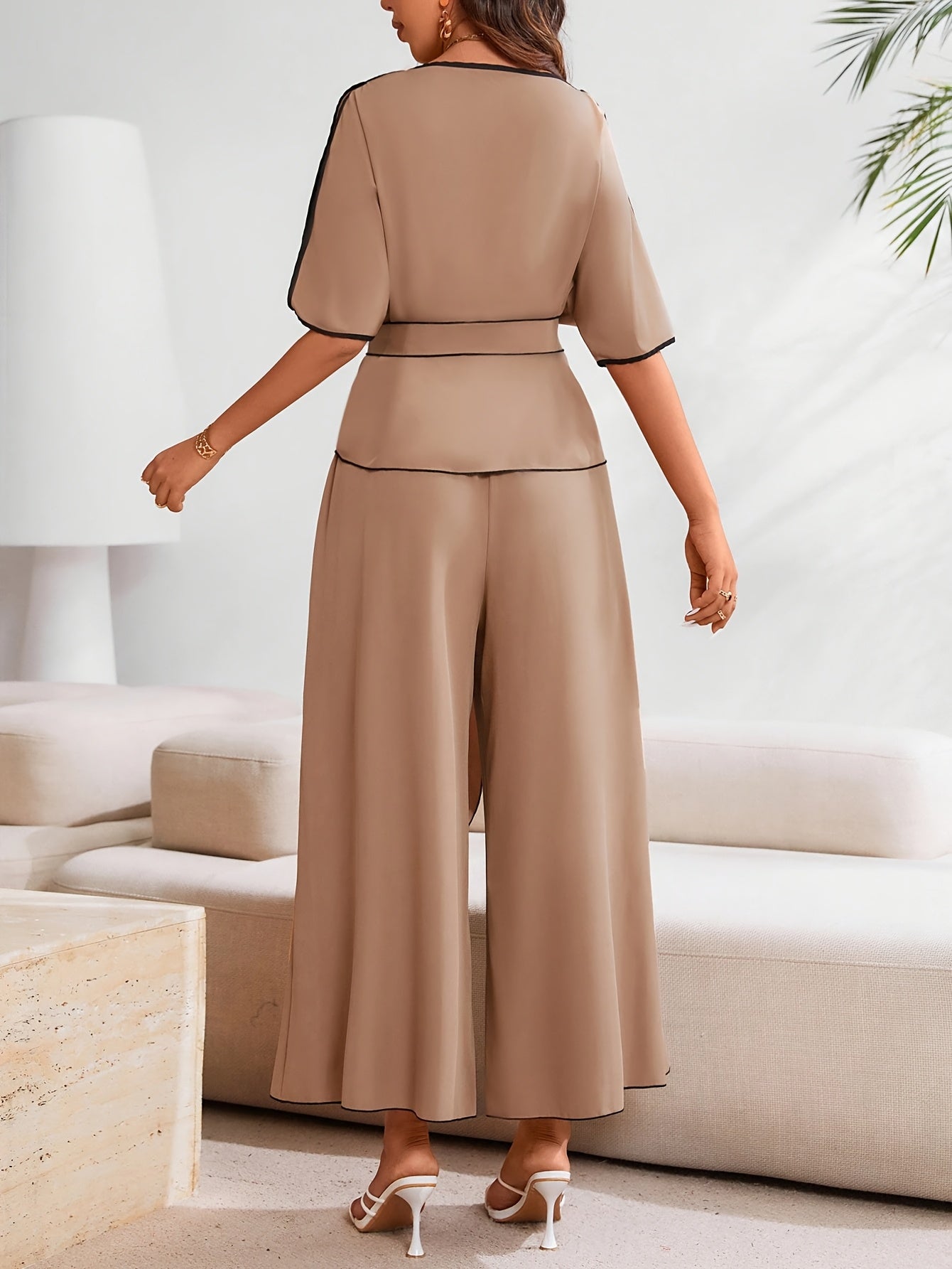 New Stylish and Elegant Solid Color Short-Sleeve Shirt Pants Set for Women