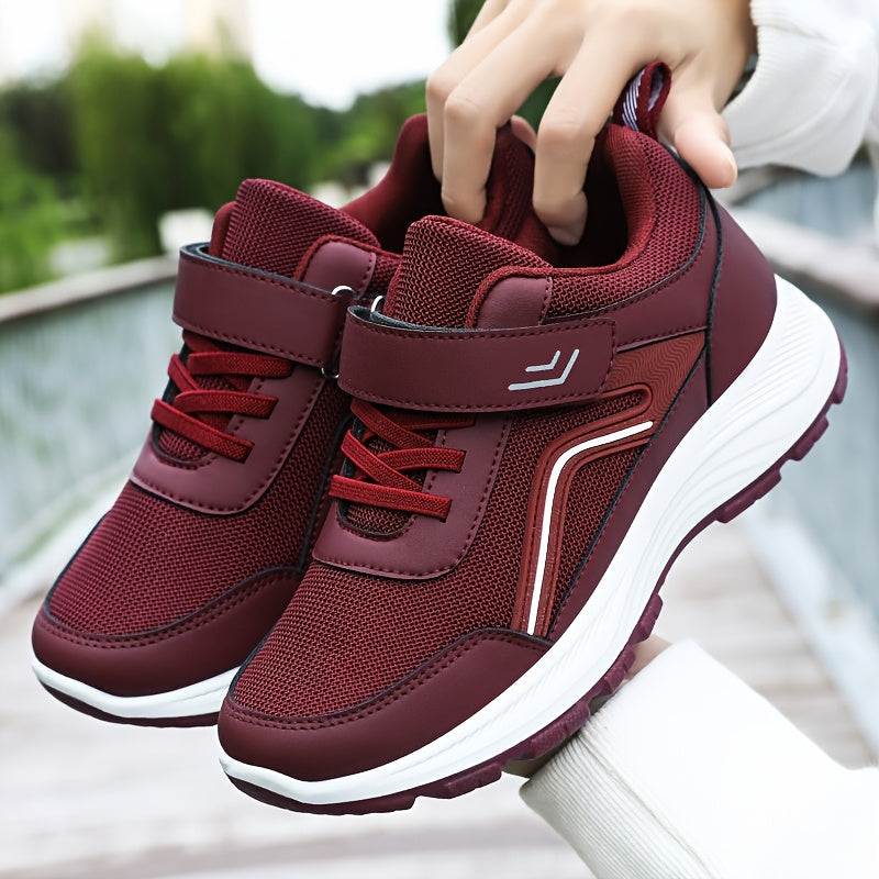 Women's Breathable Mesh Sneakers - Maroon Low-Top Casual Sneakers with Adjustable Hook-and-loop Fastener Strap & Laces, Comfortable Fabric Insole, All-Season Round Toe Design, Breathable Footwear | Stylish Mesh Sneakers | Adj