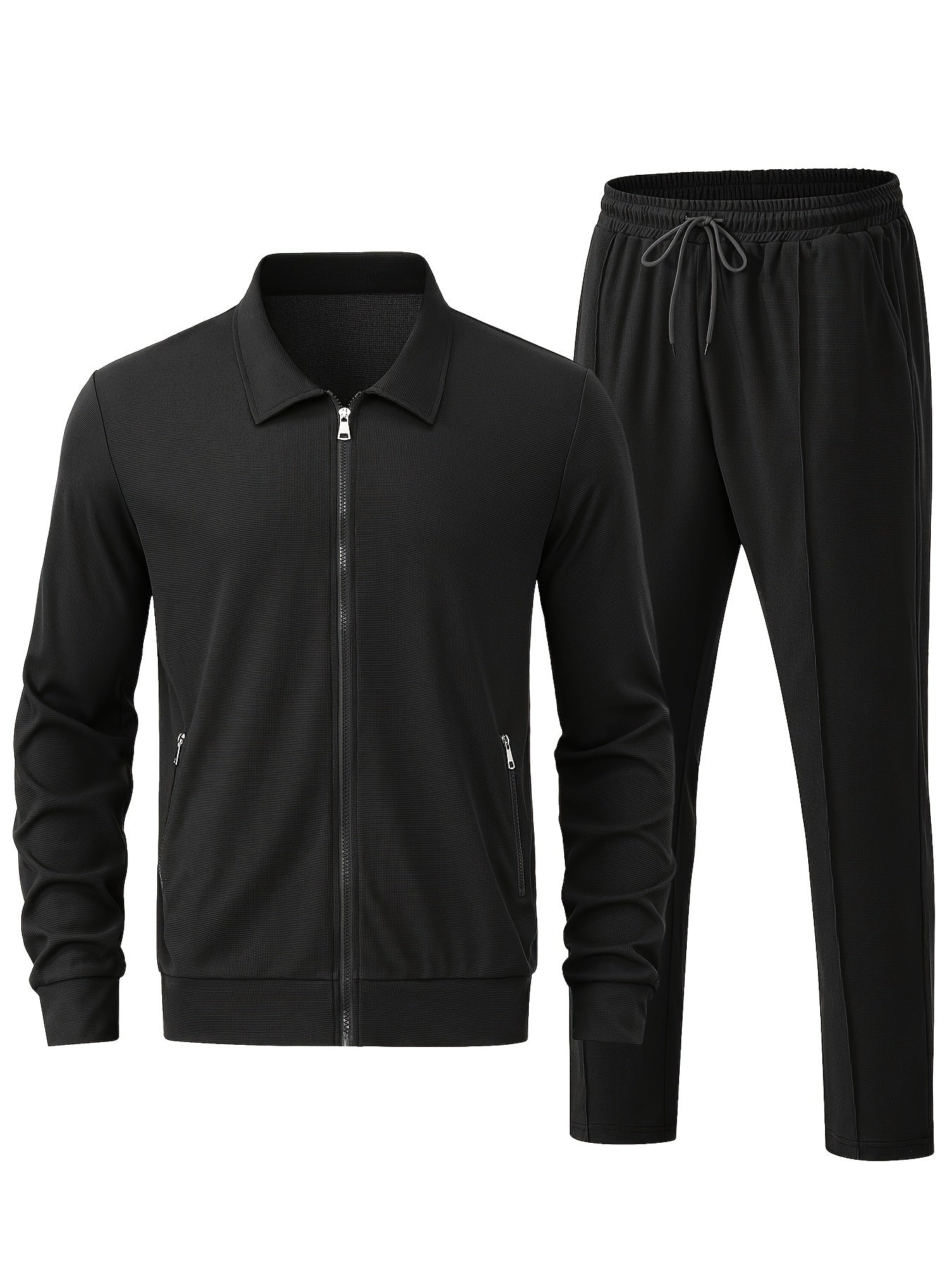 Men's Solid Waffle 2pcs Athletic Outfits, Zip-up Jacket & Pants co ord set for Outdoor Sports