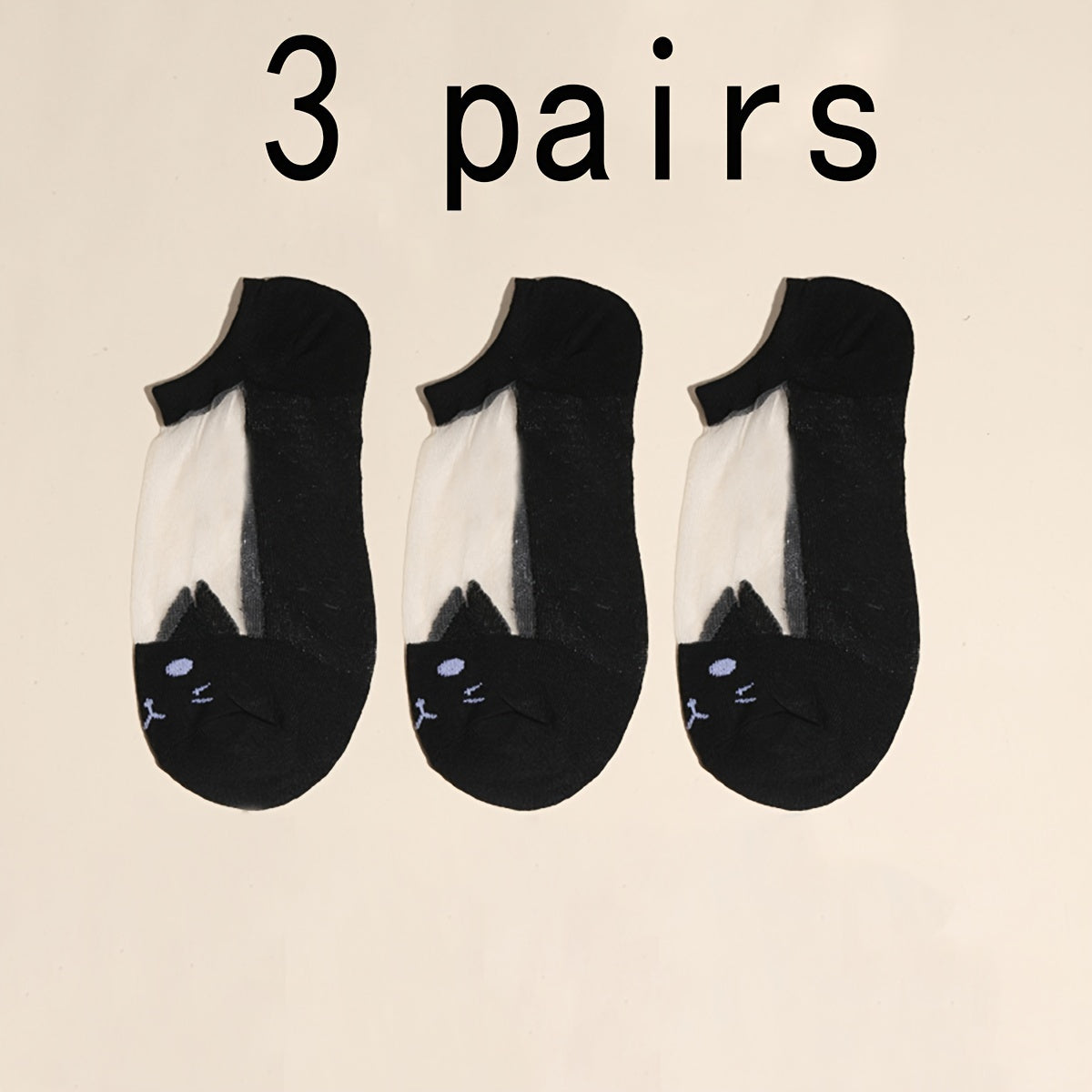 3pcs Women's Cute Cartoon Cat Ankle Socks - Ultra-Thin, Breathable Nylon Blend, No-Show Low-Cut Design, Black & White Two-Tone Pattern with Blue Eyes, Perfect for Summer, Casual Wear Socks | Cartoon Cat Design | Flexible Sock