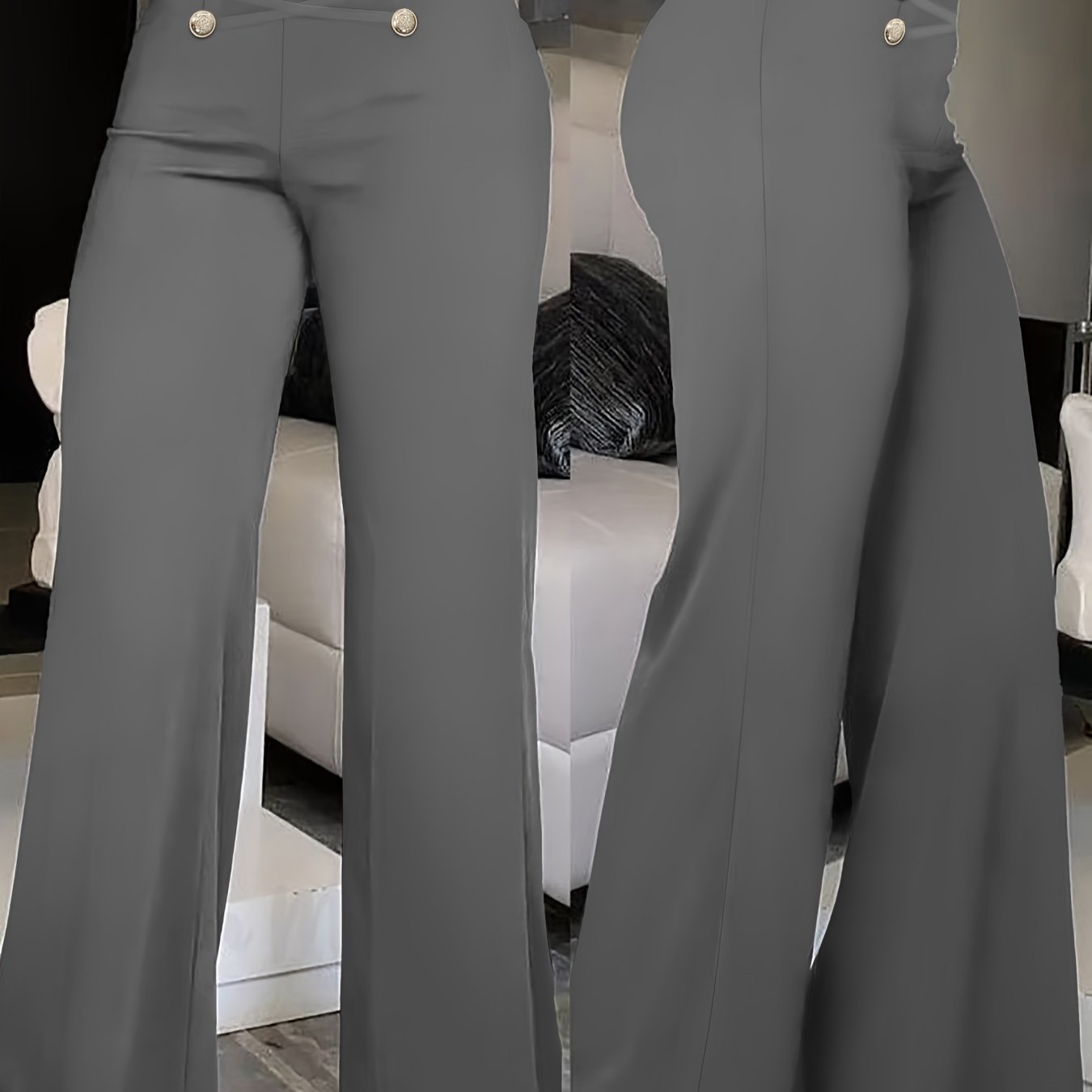 Elegant Double-Breasted Waistband Casual Pants, Solid Color, Polyester, Machine Washable - All Seasons, Queen Style, High-Grade Design