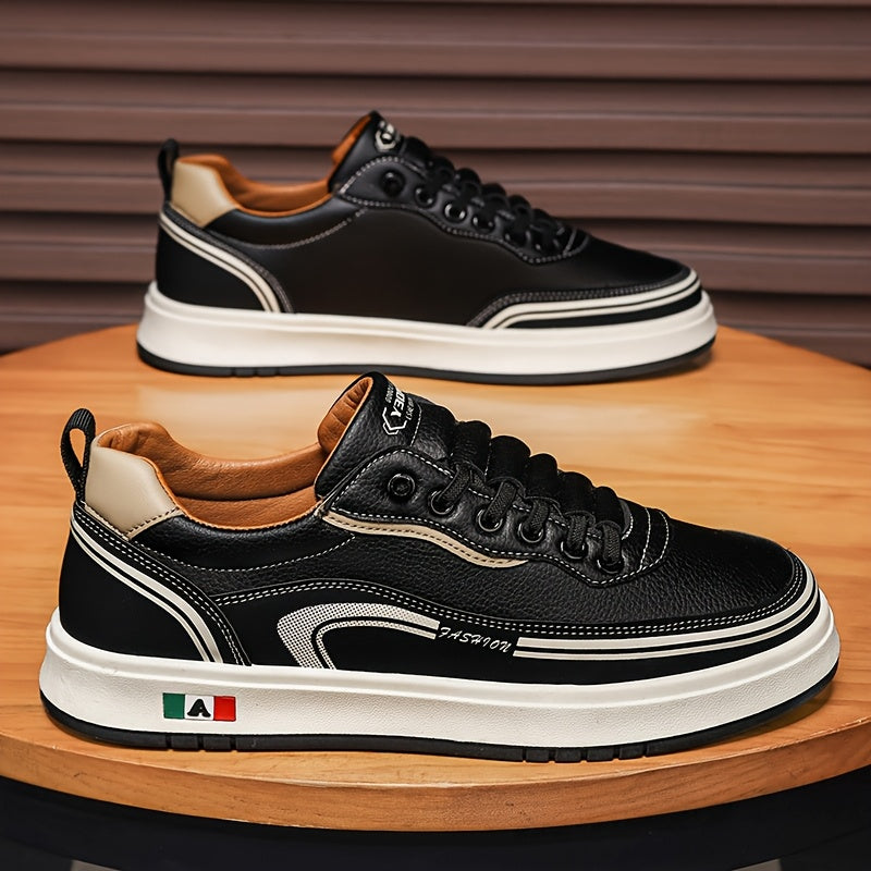 FC06 Men'S Casual Sneakers - Black & White Low-Top Lace-Up Shoes with Italian Flag Design, Faux Cover Upper, Cushioned PVC Sole, Breathable Fabric Lining for All-Season Comfort, Everyday Footwear, Modern Sneakers, Fabric Line