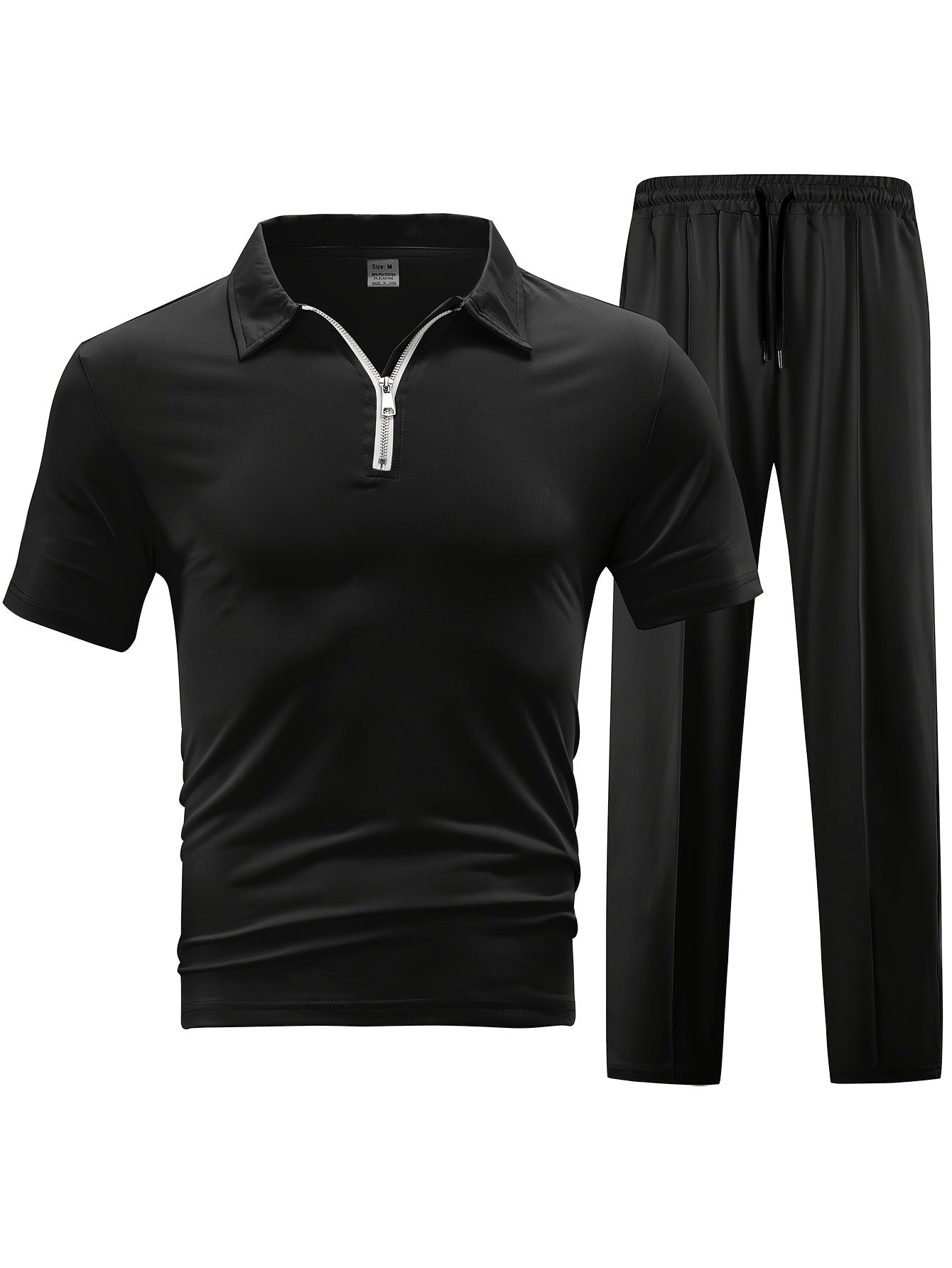 Men'S Casual 2pcs Set Knitted: Zipper Short Sleeve Shirt and Drawstring Pants - Black, Polyester, Suitable for Spring/Summer Casual Wea