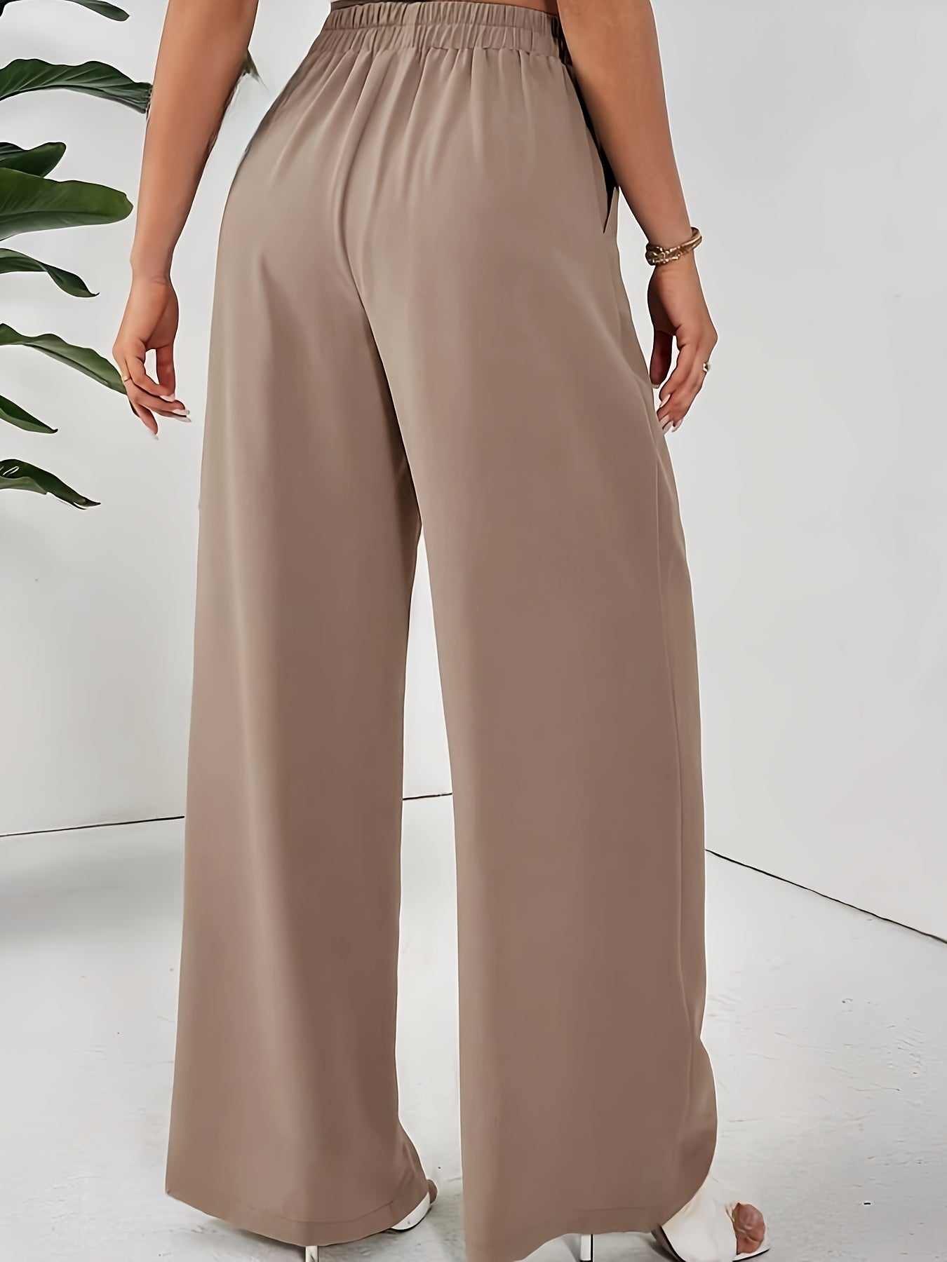 Women'S Stylish Gray Wide Leg Pants with Elastic Waistband and Double Pockets - Perfect for Office, Commuting, or Casual Wear