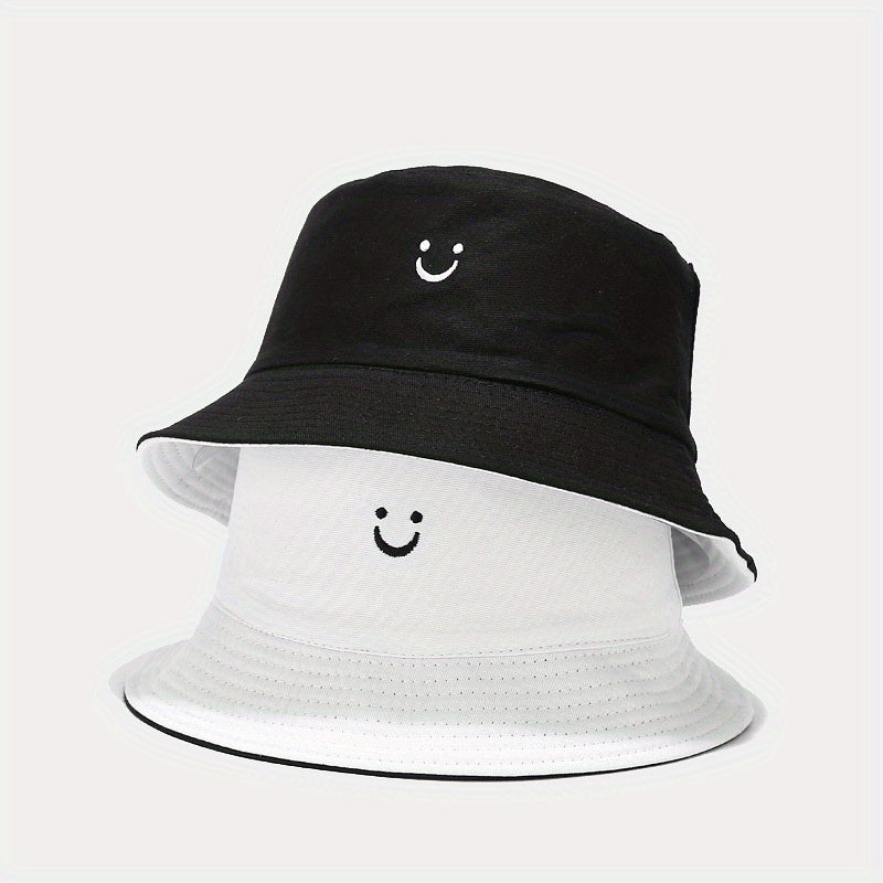 Unisex Black & White Fisherman Hat with joyful Face Embroidery - Double-Sided, Sporty Polyester Bucket Hat for Men and Women, Ideal for Outdoor Activities, Outdoor Hat | joyful Face Embroidery | Durable Headgear