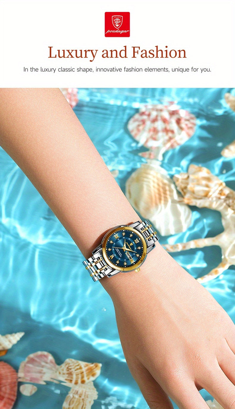 POEDAGAR Elegant Stainless Steel Quartz Watch for Women, Luminous Calendar, Round Alloy Case, Trendy Korean Style, Non-Rechargeable Battery, Watch Accessories