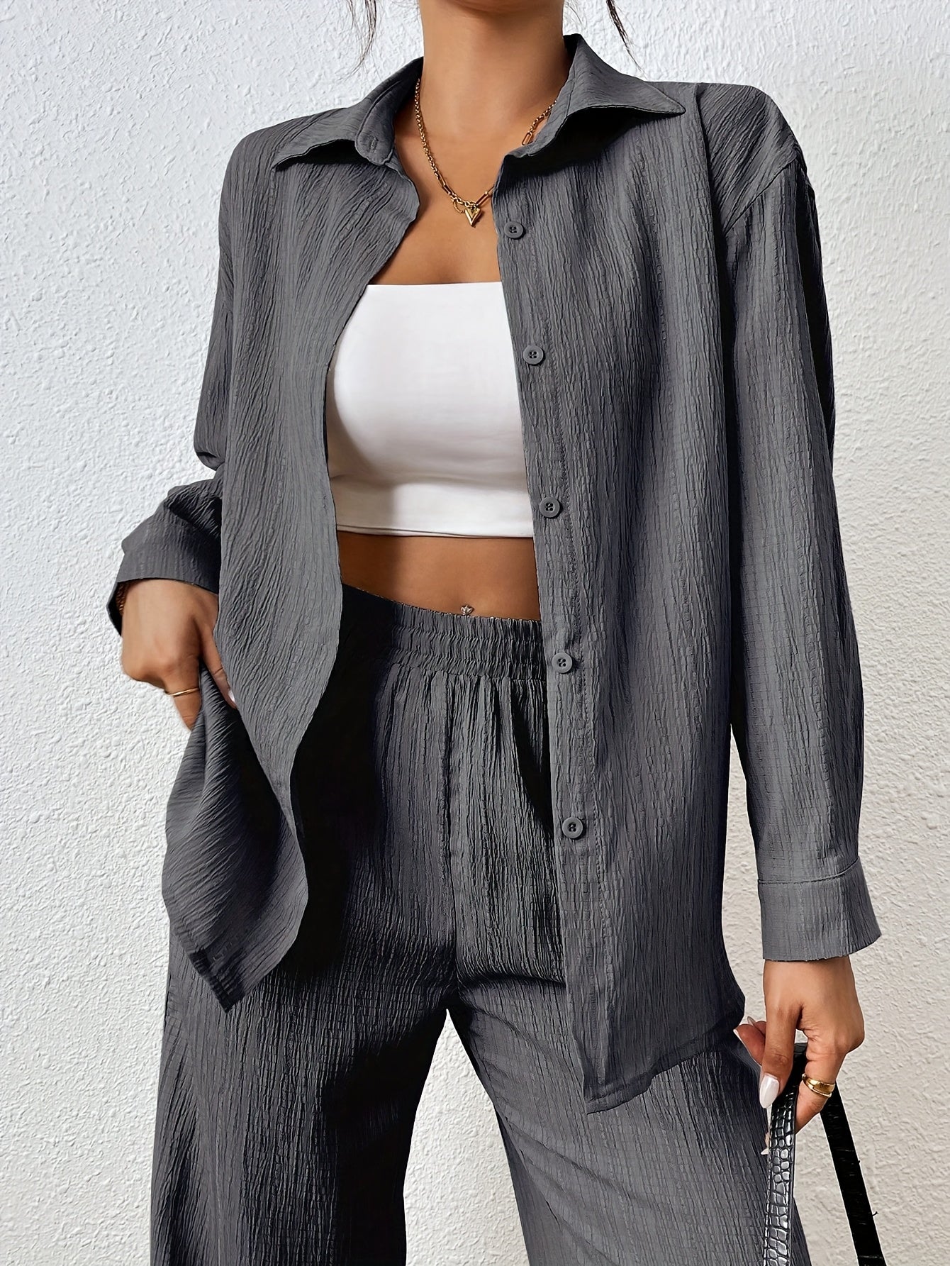 2pcs Women Spring & Autumn Casual Solid Color Long Sleeve Shirt And Pants Set