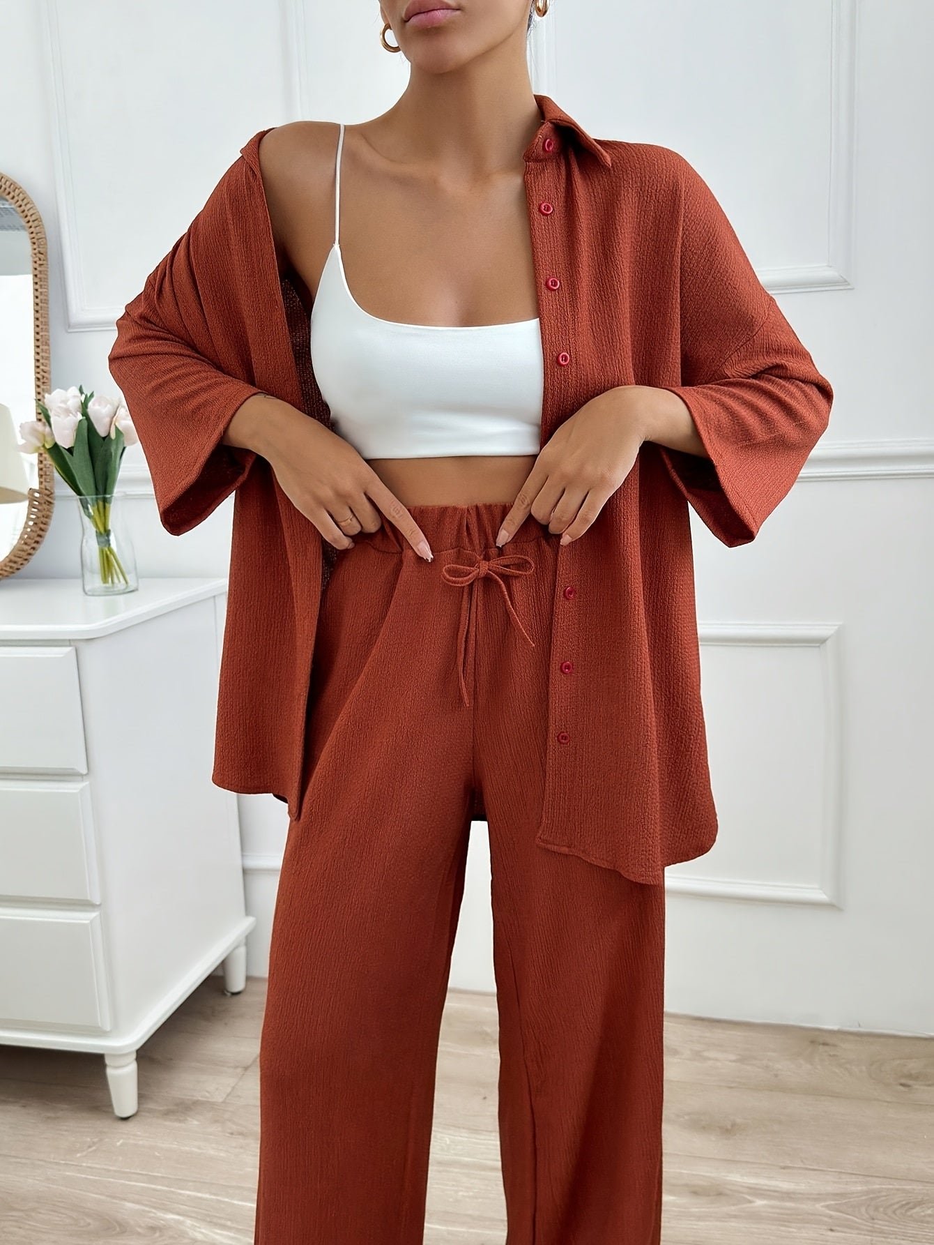 Women'S Elegant Two-Piece Beige Casual Suit - Cropped Top & Wide-Leg Pants with Pockets, Perfect for All Seasons, Stylish Home Attire|Casual Attire|Pocketed Pants