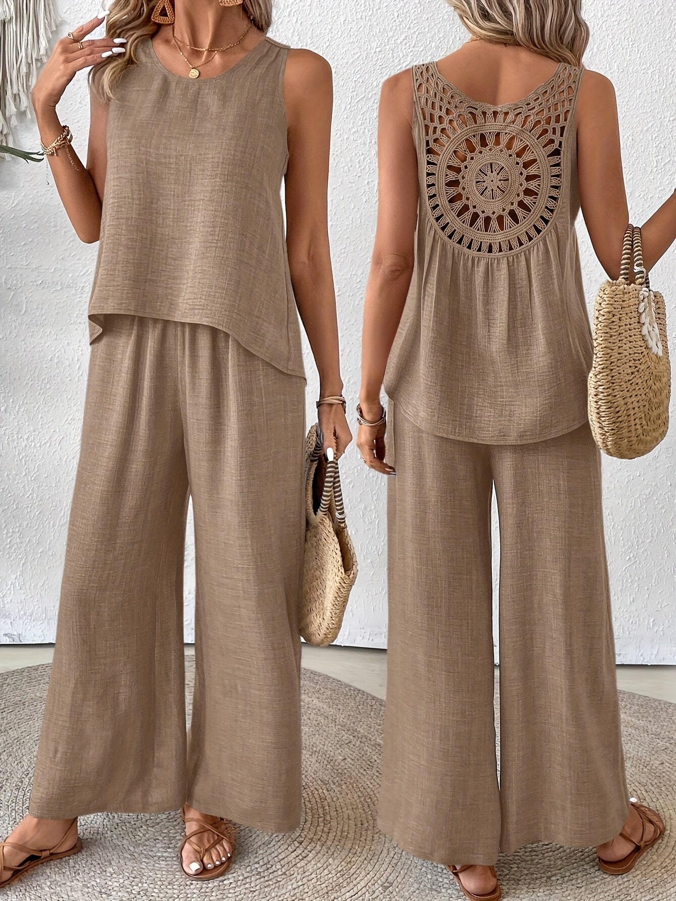 Women'S Summer Backless Cut-Out Panel Tank Top + Wide Leg Pants Set - Casual, Simple, Sleeveless, Polyester, Light Beige, Perfect for Spring/Summer, Casual Attire|Backless Top|Polyester Fabri