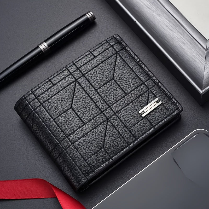 1pc Stylish Men’s Synthetic Leather Wallet with Multiple Card Slots – Black Geometric Design, Perfect for Business & Daily Use, Ideal Christmas Gift for Him