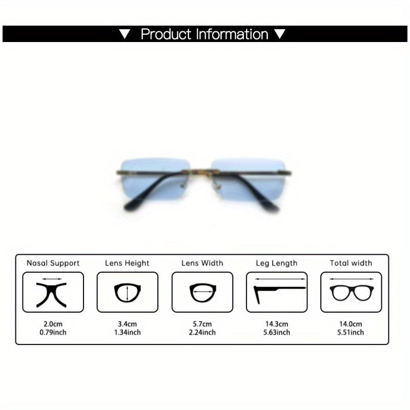 1 Pair Y2K-Inspired Rimless Fashion Glasses - Blue & Golden Frameless Eyewear with Polycarbonate Lenses, Lightweight Durable Rectangular Design for Men & Women, Casual Streetwear, Parties, Everyday Fashion Accessories, Party