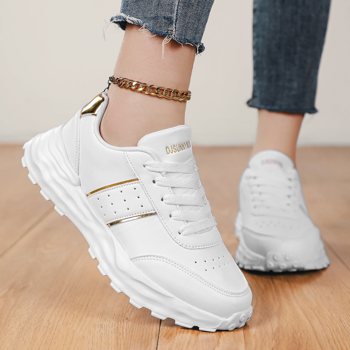 DJSUNNYMIX Women's Casual Running Shoes with Golden Glitter Accents - Lightweight EVA Sole, Breathable Fabric Lining, Low-Top Lace-Up Design for All-Season Comfort & Style, Sporty Footwear | Flexible Footwear