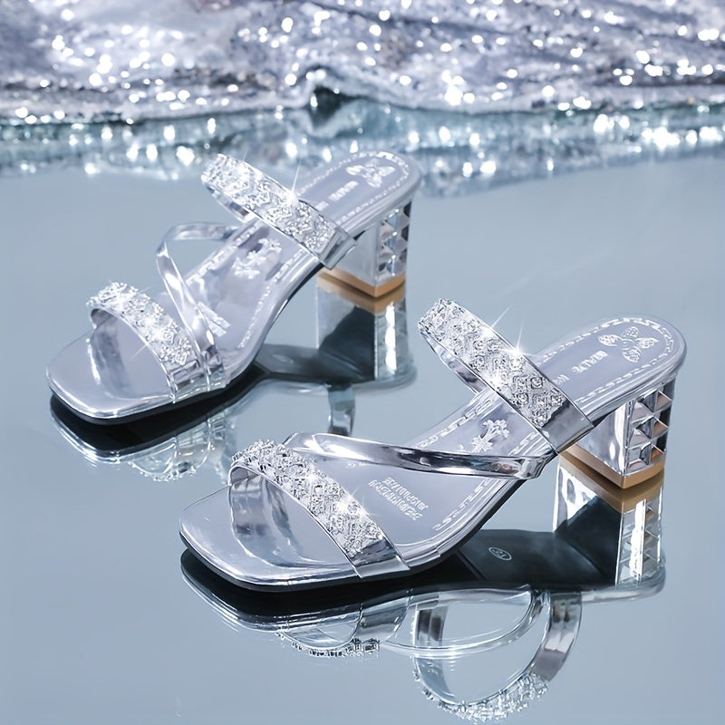 Elegant Women'S Summer Sandals - Sexy Open Toe with Glittering Square Toe, High Heel, and Rubber Sole for Outdoor Wear, Summer Footwear | Chic Sandals | Glossy Finish, Strappy Sandals