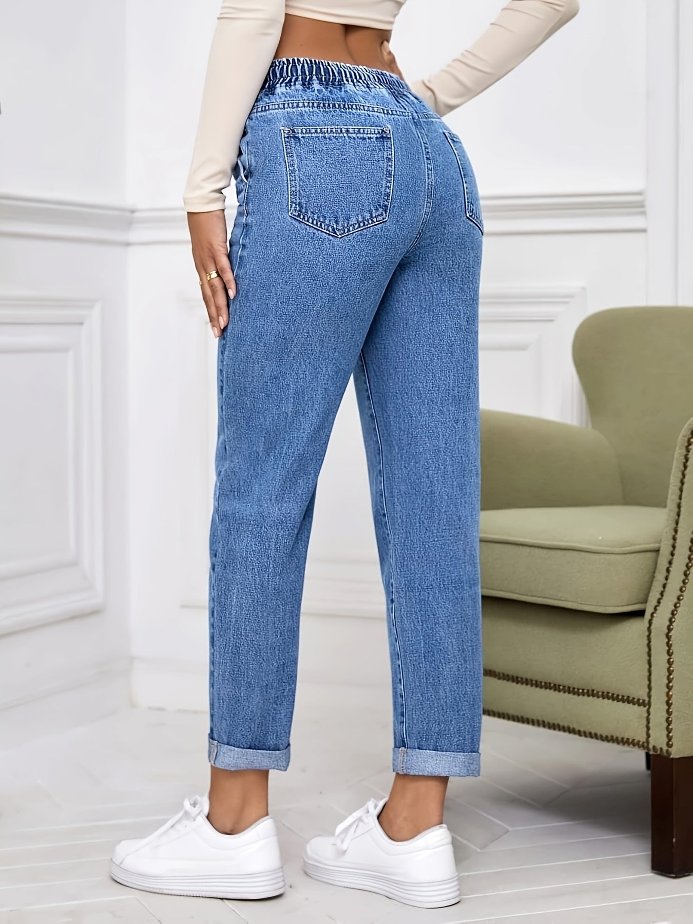 Women's Stretch Denim Tapered Jeans with Elastic Waistband & Rolled Cuffs - Light Wash, Mid-Rise, Versatile Casual Style for Spring/Summer/Fall, Casual Denim Wear | Modern Tapered Jeans | Smooth Texture Jeans