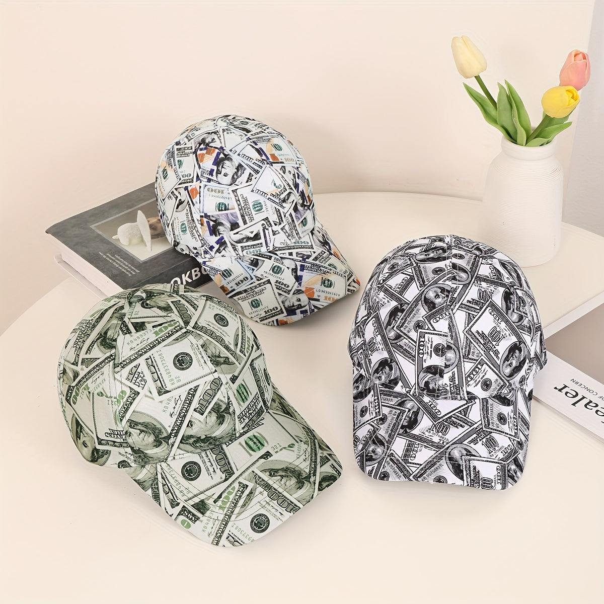 Funky Money Print Baseball Cap 100% Polyester Lightweight Adjustable Hip-Hop Hat Unisex for Music Festivals