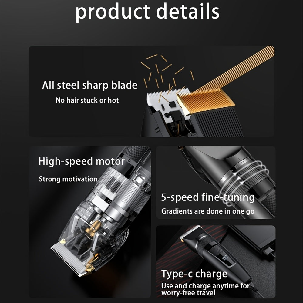 Professional Men's Electric Hair Clipper - Cordless, Adjustable, Rechargeable with LCD Display, USB Charging, for Hair, Face, Beard Trimming - ABS Material