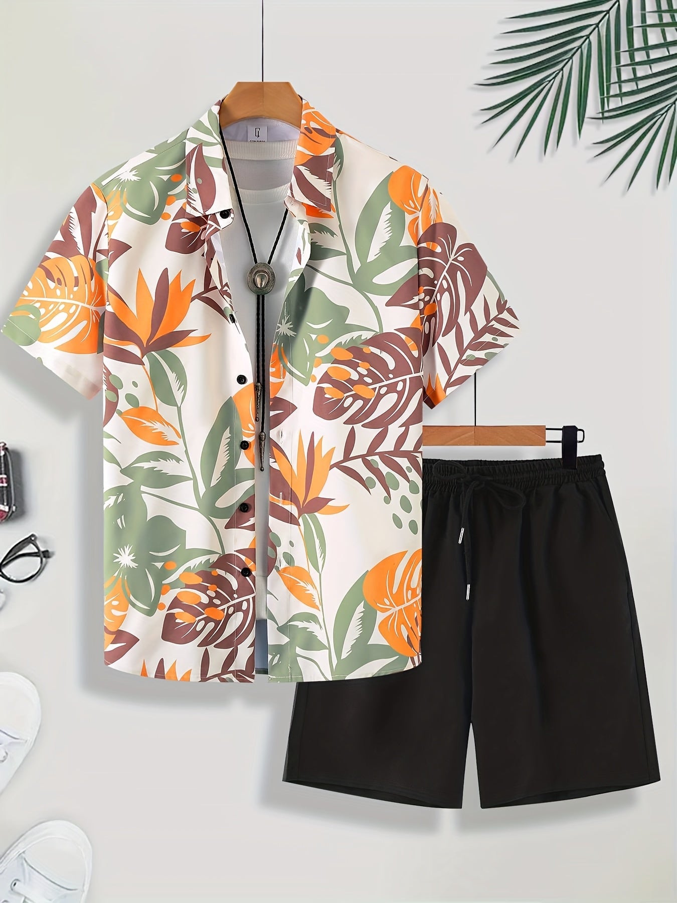 Men'S Tropical Palm Leaf Print Short Sleeve Shirt & Solid Black Shorts Set - Casual Summer Outfit with Drawstring Waist, Non-Stretch Fabric, Perfect for Beach or Vacation, Beach Attire | Tropical Print Shirt | Nonstretch Fabr
