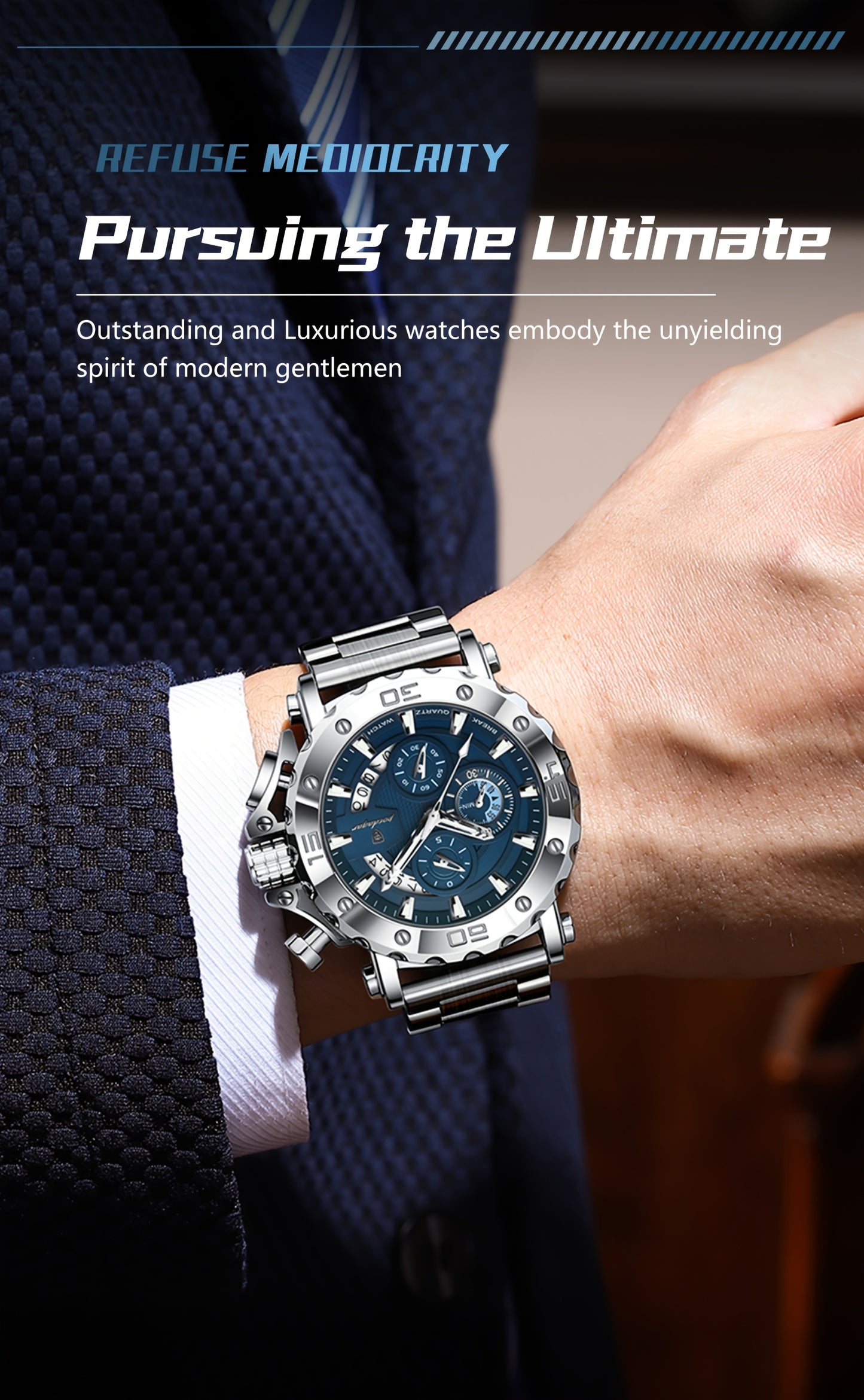 POEDAGAR Men'S Luxury Stainless Steel Business Watch with Date Display, 3ATM Blue Dial, Rotating Bezel, Alloy Case, Quartz Movement - Elegant Formal Accessory, Formal Accessory|Luxurious Watch|Quartz Movement Watch
