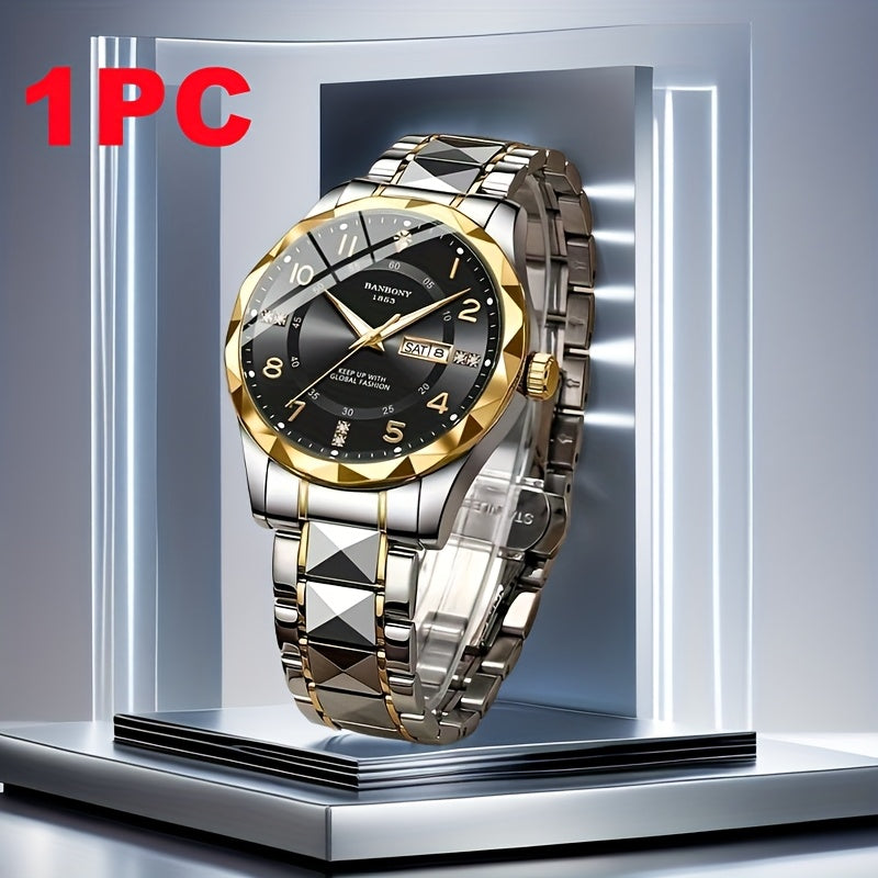1 New BANBONY Brand Unisex Stainless Steel Quartz Watch with HD Scratch-Resistant Rhinestone-Embellished Simple Digital Round Dial, Luminous Display Date Calendar Battery-Powered Multifunctional Fully Automatic Wristwatch for